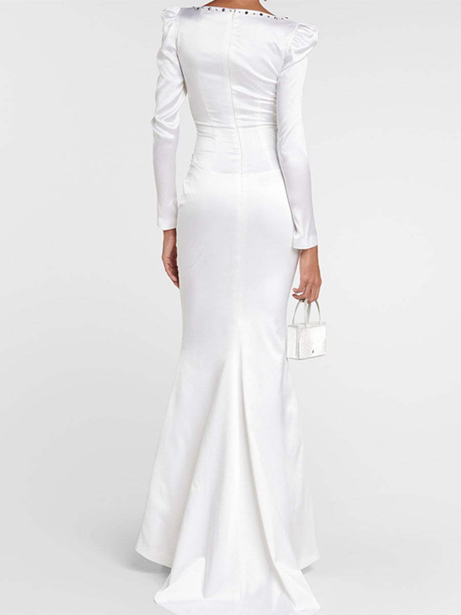 Women's Elegant White Long-Sleeved Herringbone-Designed Stretch Maxi Dress MDA0875I0I