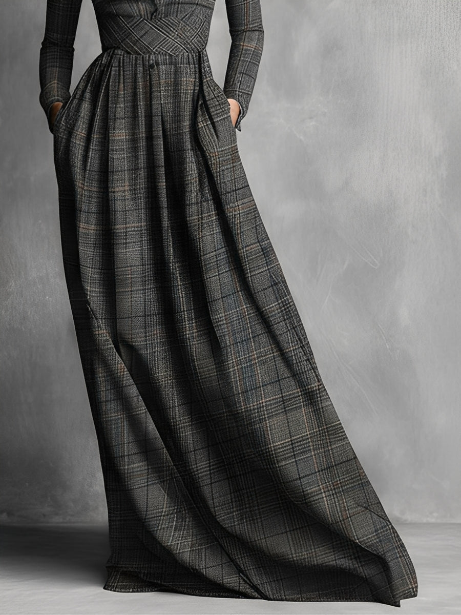 Women's Gray Plaid Stand-up Collar Pleated Skirt, Elegant Maxi Dress MDA2559J1I