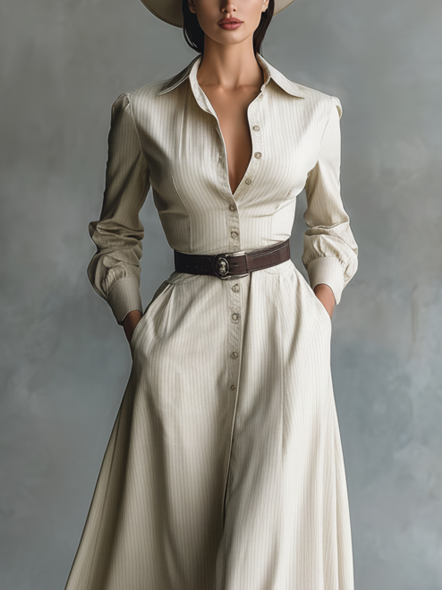 Women's Off-white Striped Cotton Blend Lapel Fitted Waist Full Skirt Long Dress MDA2961K9T