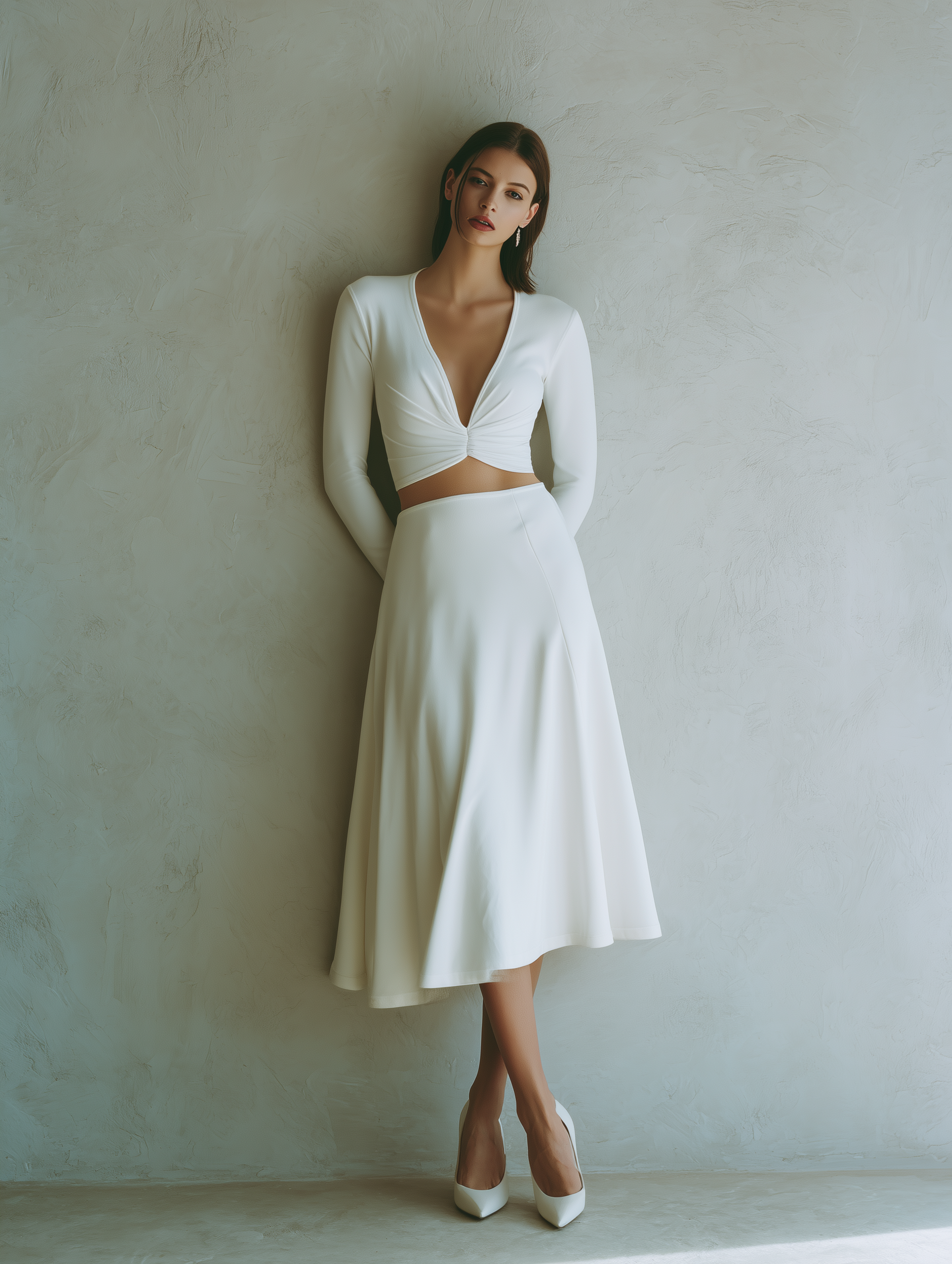Women's Fashionable White V-neck Stretch Long-sleeved Cropped Top Paired With A White Midi Skirt MDA2433L1AN