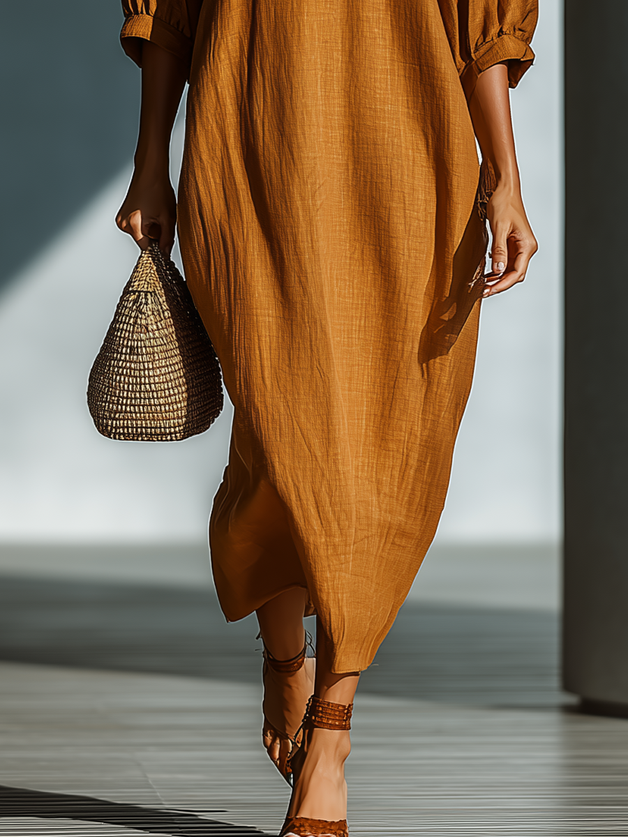 Women's Caramel Cotton And Linen Blend Comfortable Embroidered Maxi Dress MDA0880H1T