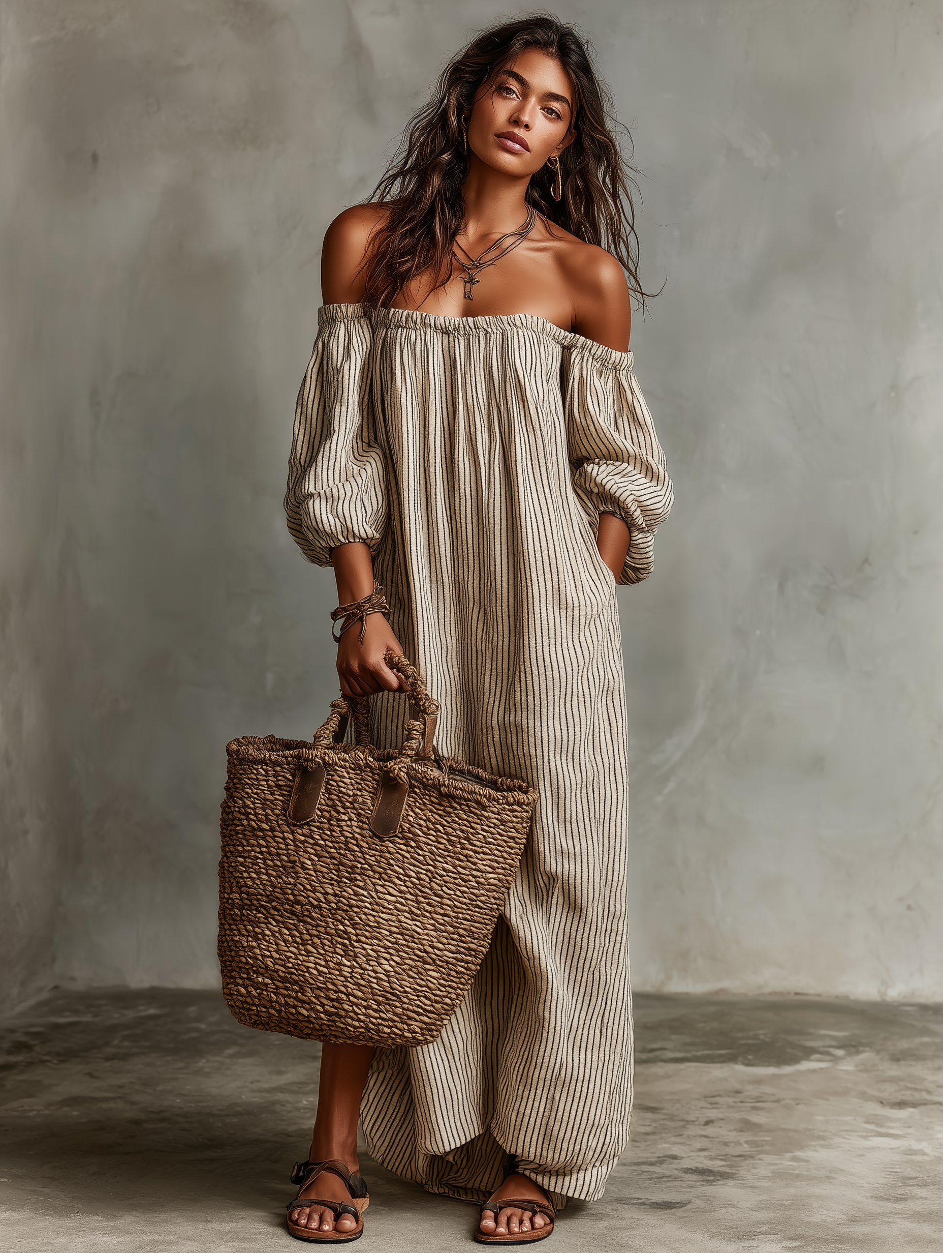 Women's Vacation Cotton-linen Blend Off-shoulder Long-sleeved Maxi Dress MDZ0481B5Y