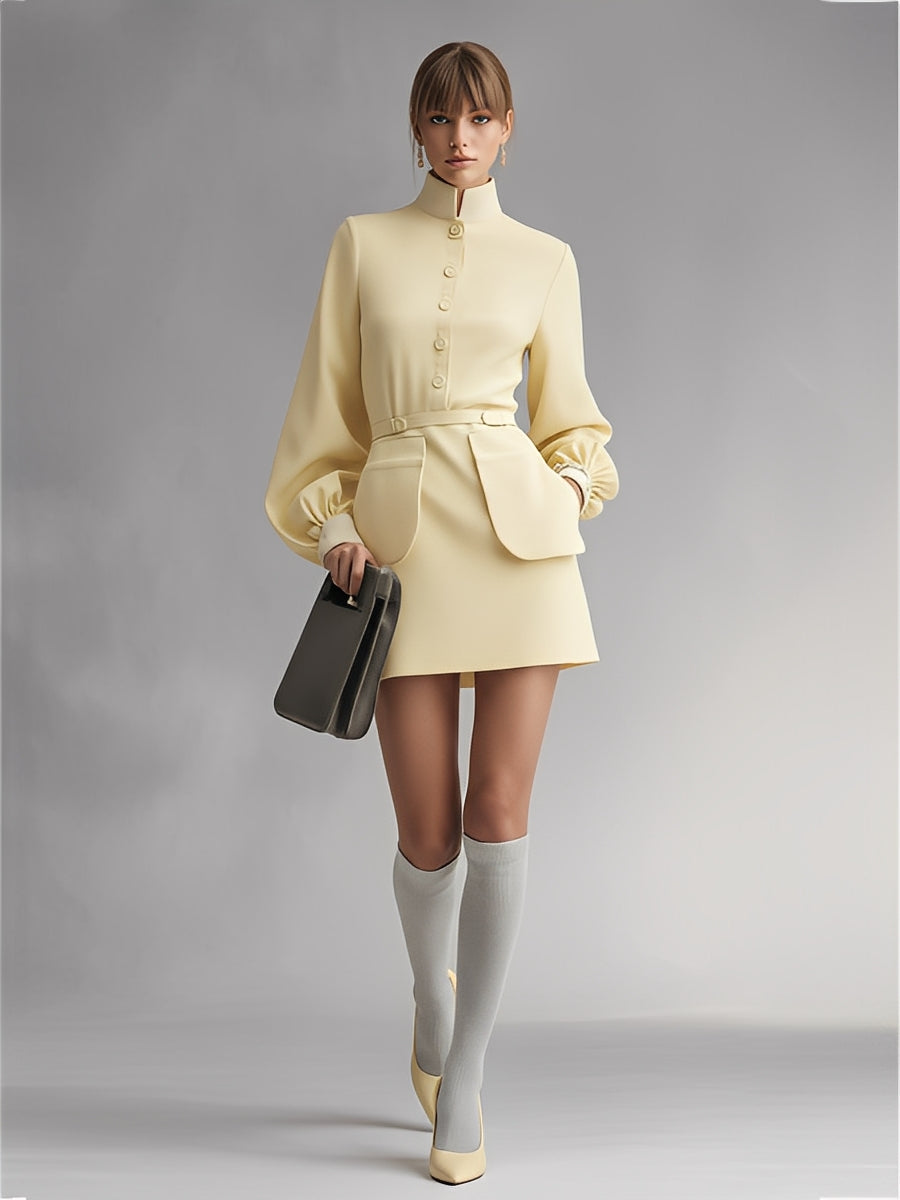 Women's Soft Yellow Tailored Woven Set With Mandarin Collar & Puff Sleeves, Timeless Polished-Chic Style Set MDA1813L4I