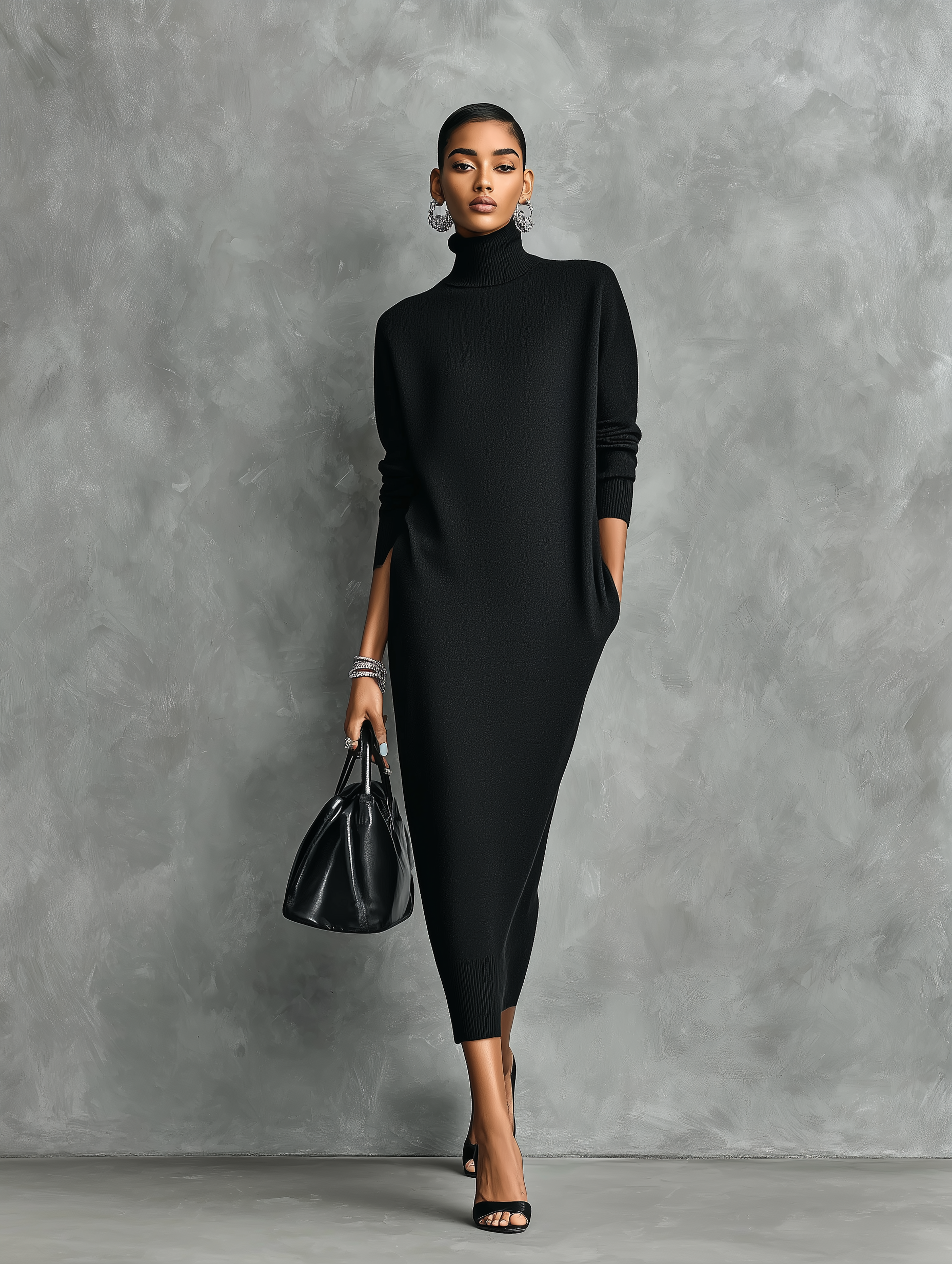 Women's Elegant Black Knitted Turtleneck Long-sleeved Loose-fitting Maxi Dress With No Pockets MDA1974L7AN