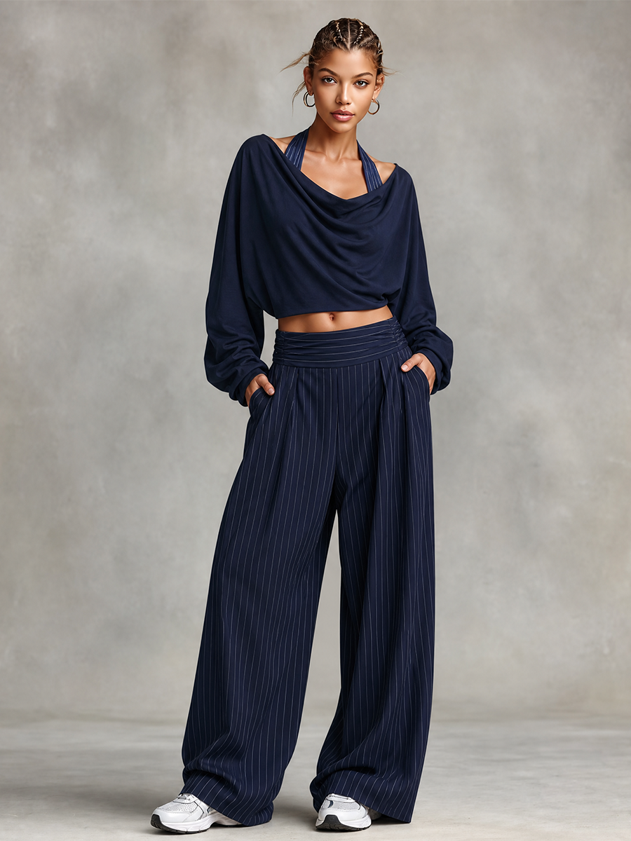 Women's Cowl Neck Crop Top Pinstripe Wide Leg Pants Set MDZ0191I9LYL