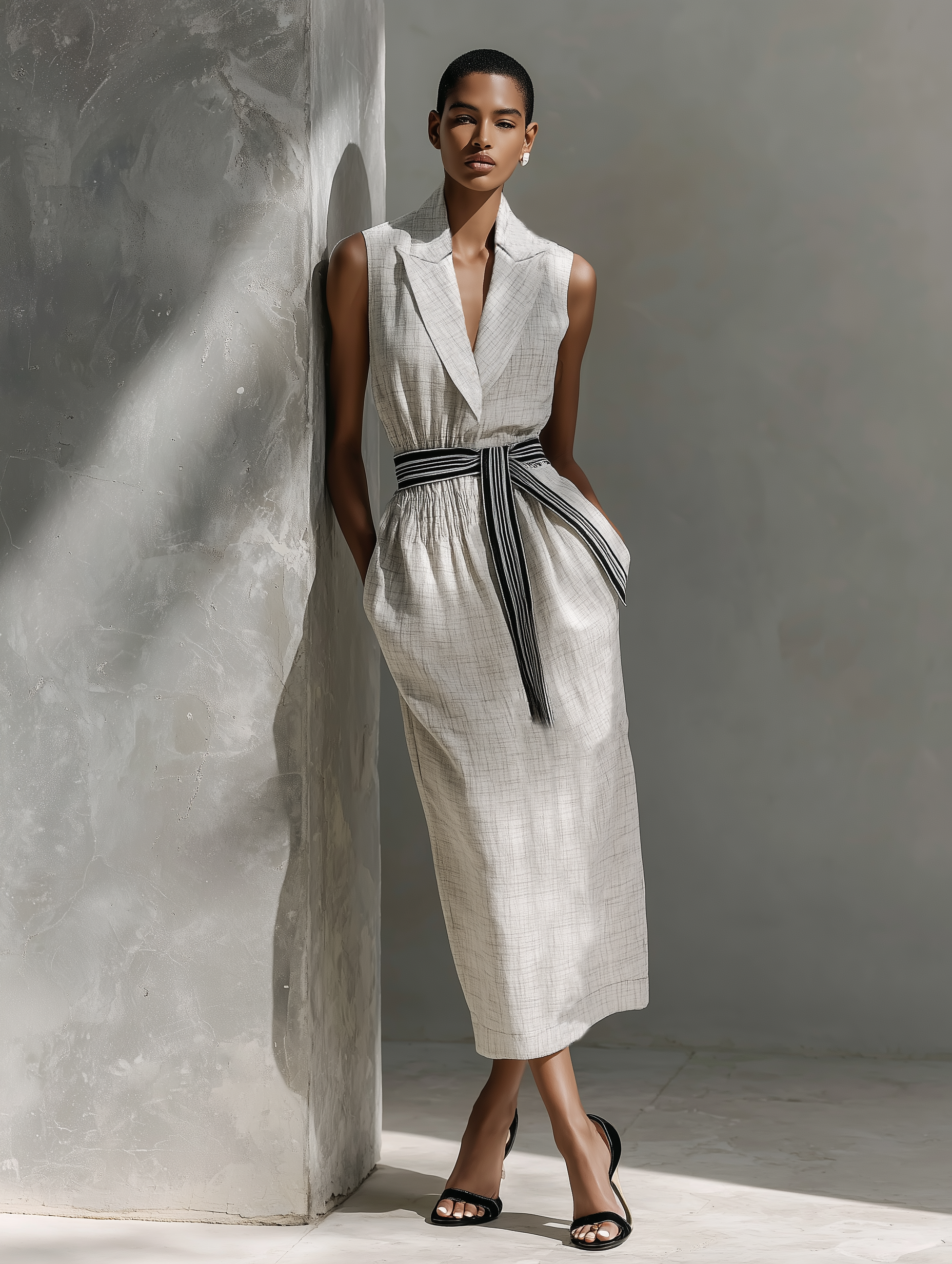 Women's Minimalist Linen-blend Sleeveless Midi Dress MDZ0637A8Y