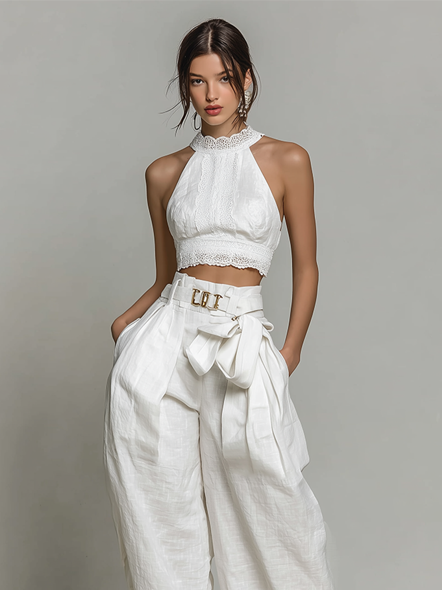 Women's White Linen Set With Halter Lace Crop Top & Belted Wide-Leg Pants, Timeless Elegant-Chic Style Set MDZ0263C9I