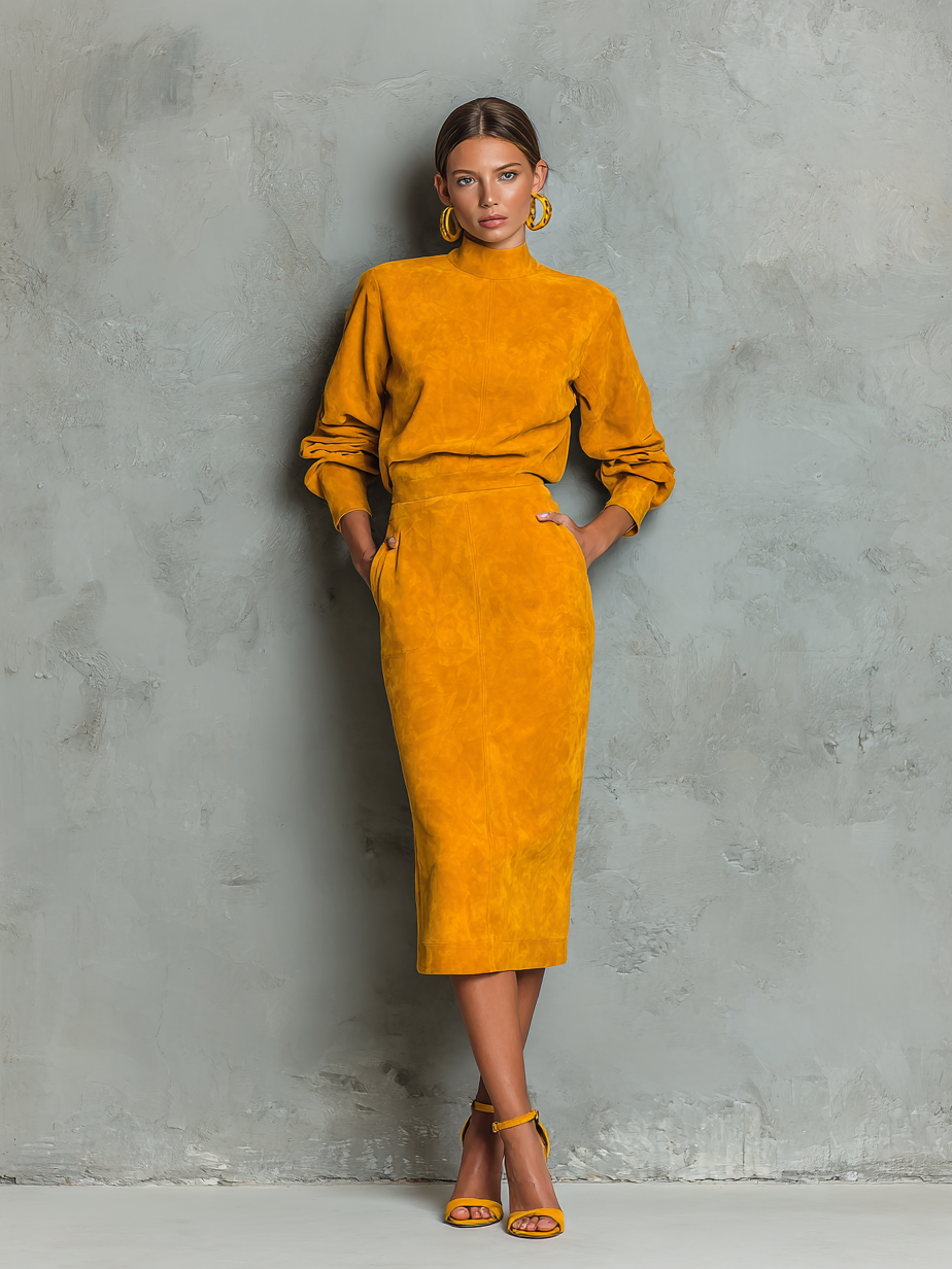 Women's Minimalist Faux Suede Blouse And Pencil Skirt Set MDA2902K5Y