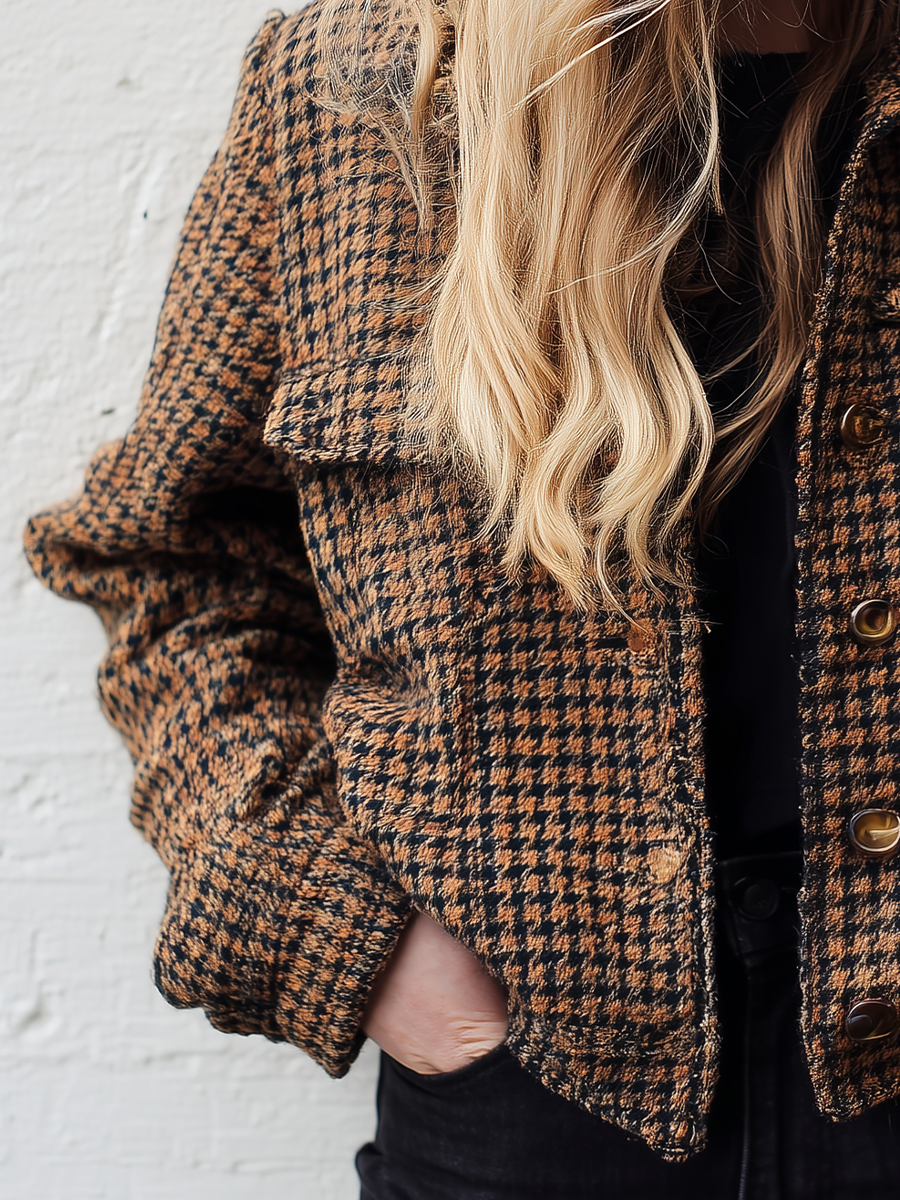 Women's Brown And Black Houndstooth Wool Short Jacket MDA0803K9T