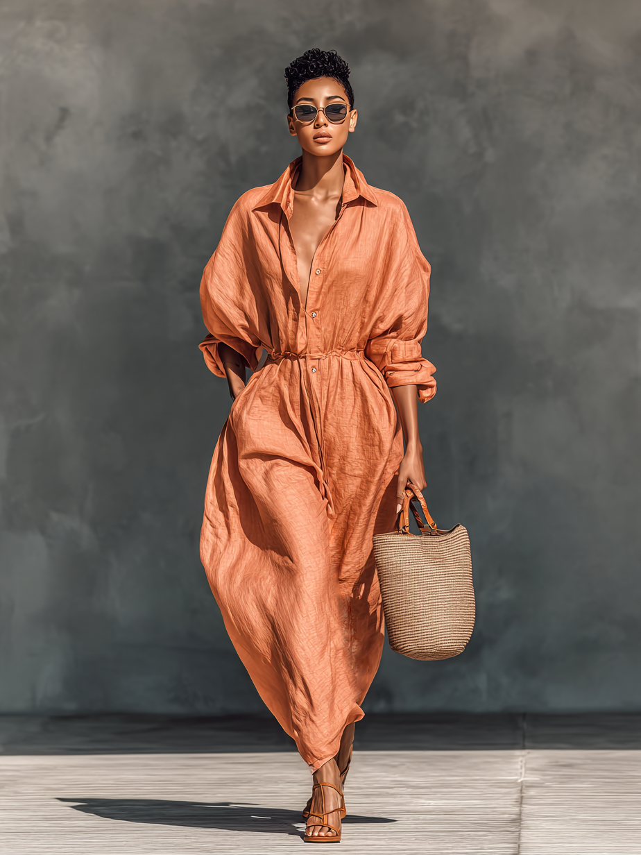 Women's Cotton And Linen Blend Loose Lapel Drawstring Maxi Dress MDA3134G5Y