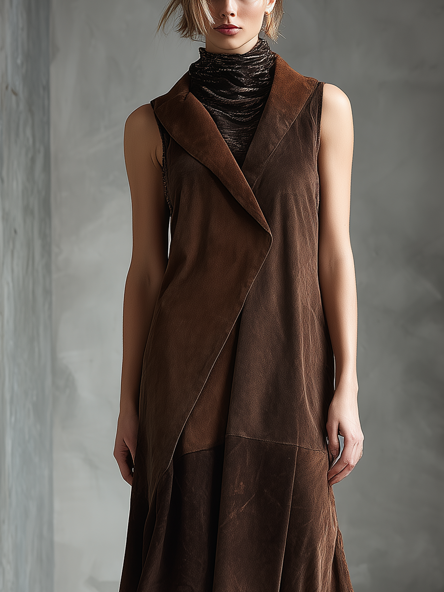 Women's Chocolate-colored Faux Suede Patchwork Irregular Hem Vest Midi Dress MDA0867K7T