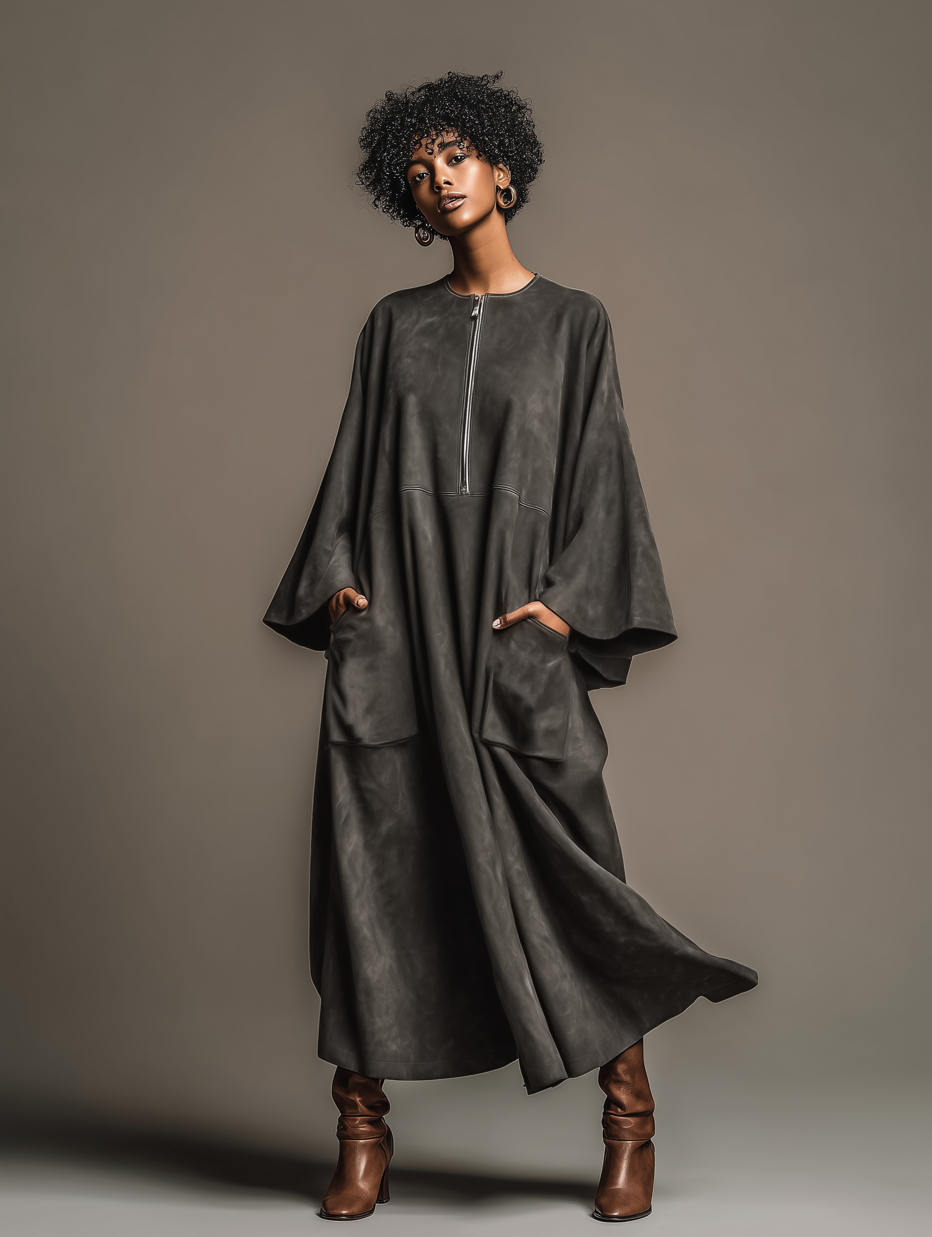 Women's Loose-fitting Faux Suede Zipper Round Neck Flared Sleeve Maxi Dress MDA3137J3Y