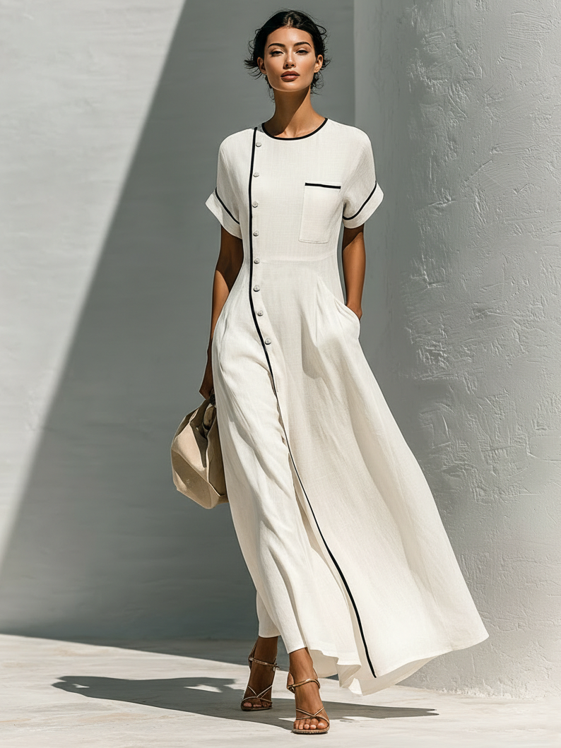 Women's Minimalist Black Trim Short-sleeved Maxi Dress  MDZ1273A9Y