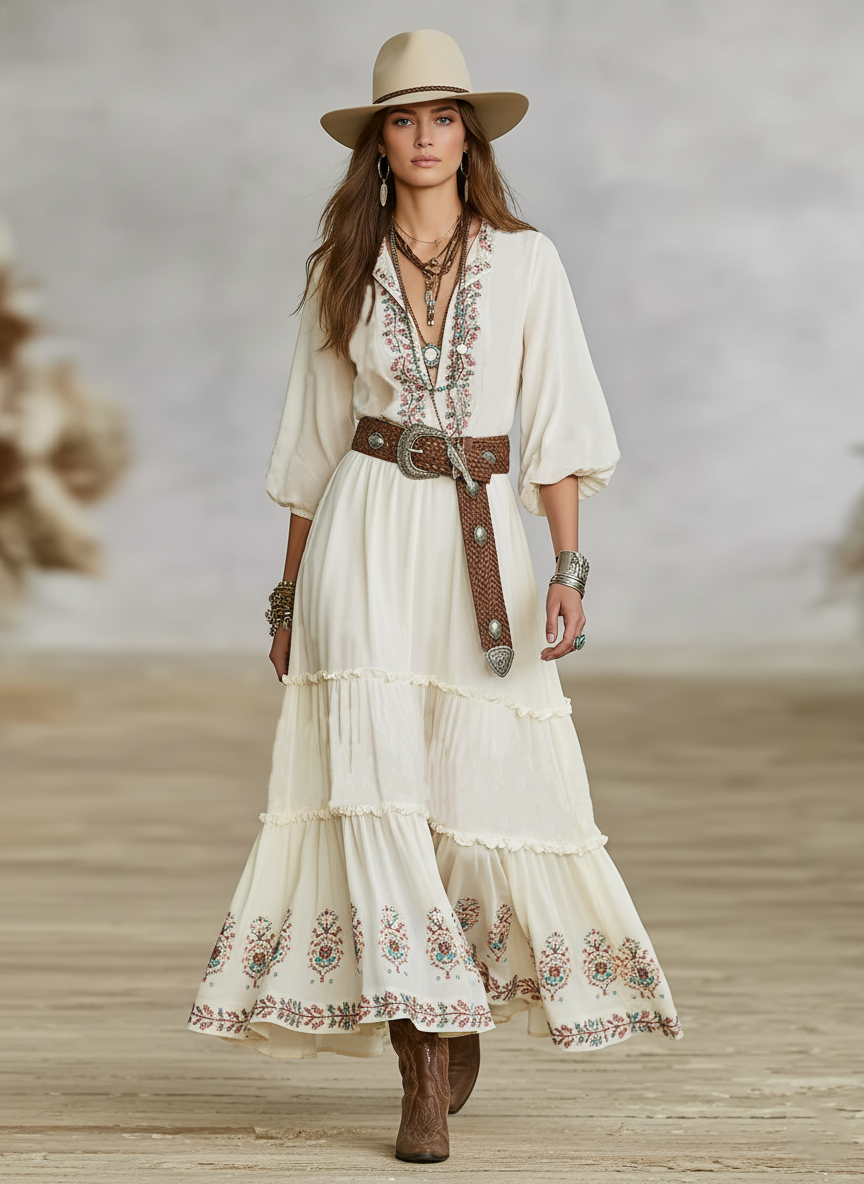 Women's Loose Cotton Linen Embroidered Mid-sleeve Maxi Dress MDA0450K4Y