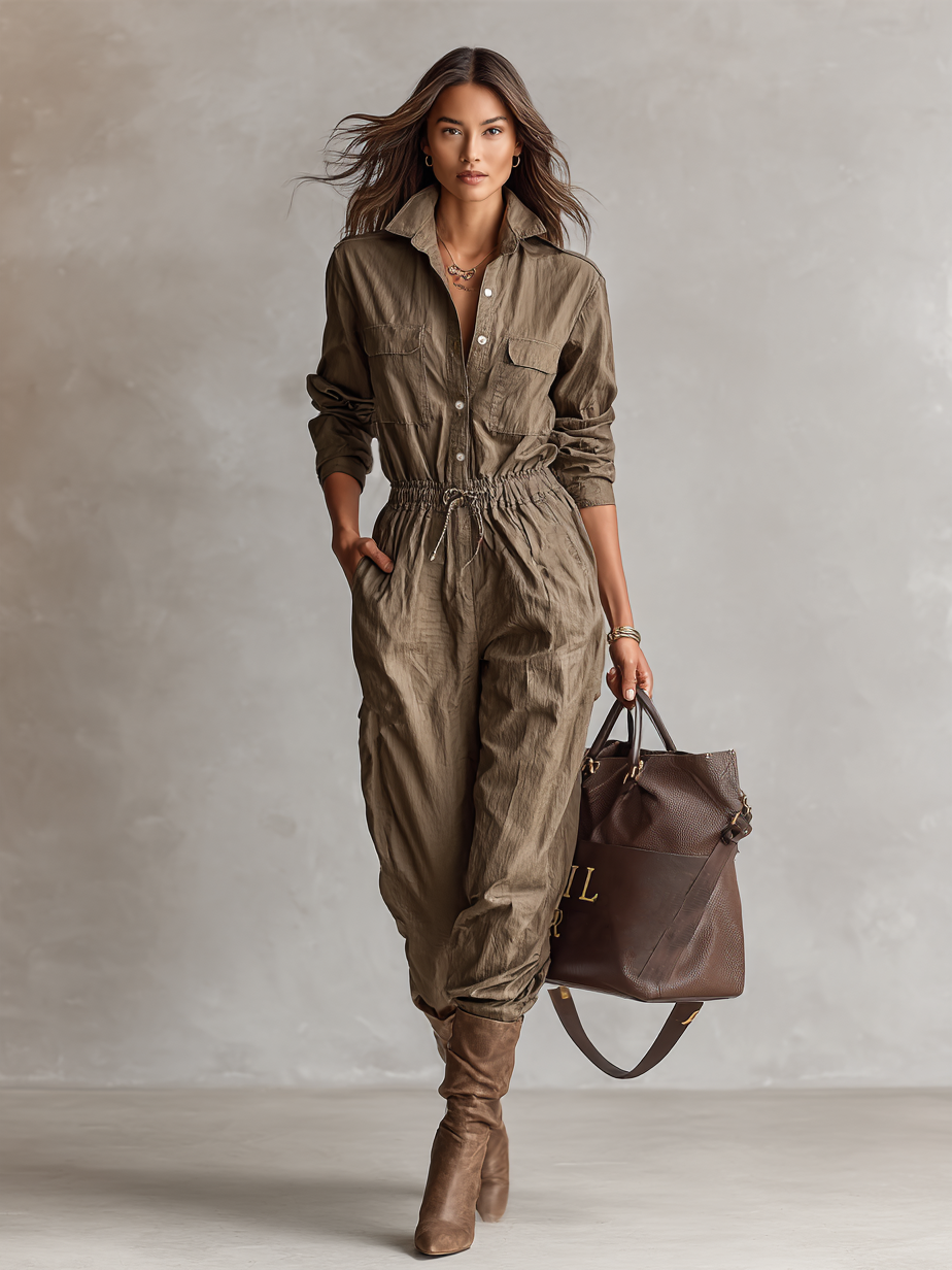 Women's Casual Shirt Collar Button Drawstring Jumpsuit MDA2044J3Y