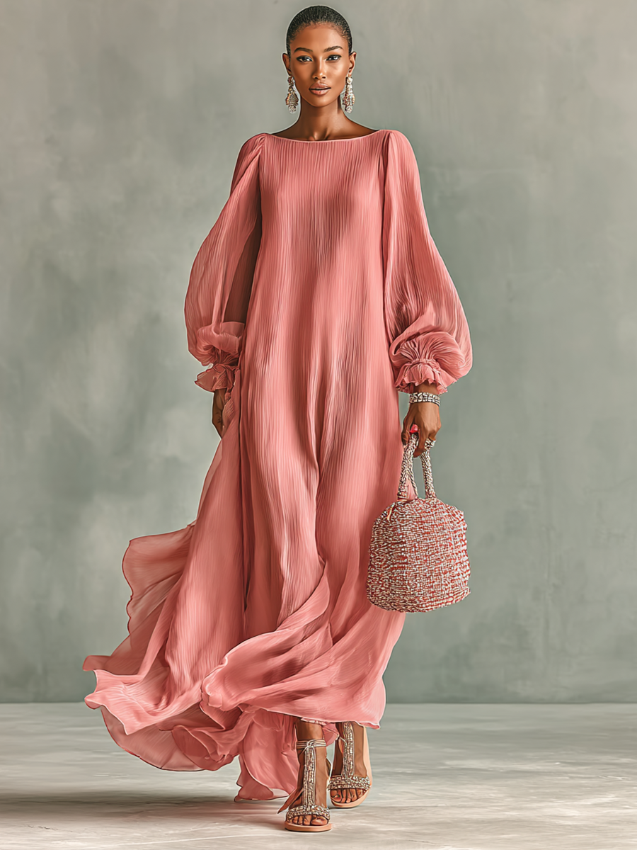 Women's Pleated Chiffon Round Neck Long Sleeve Loose Maxi Dress MDA1458G6Y