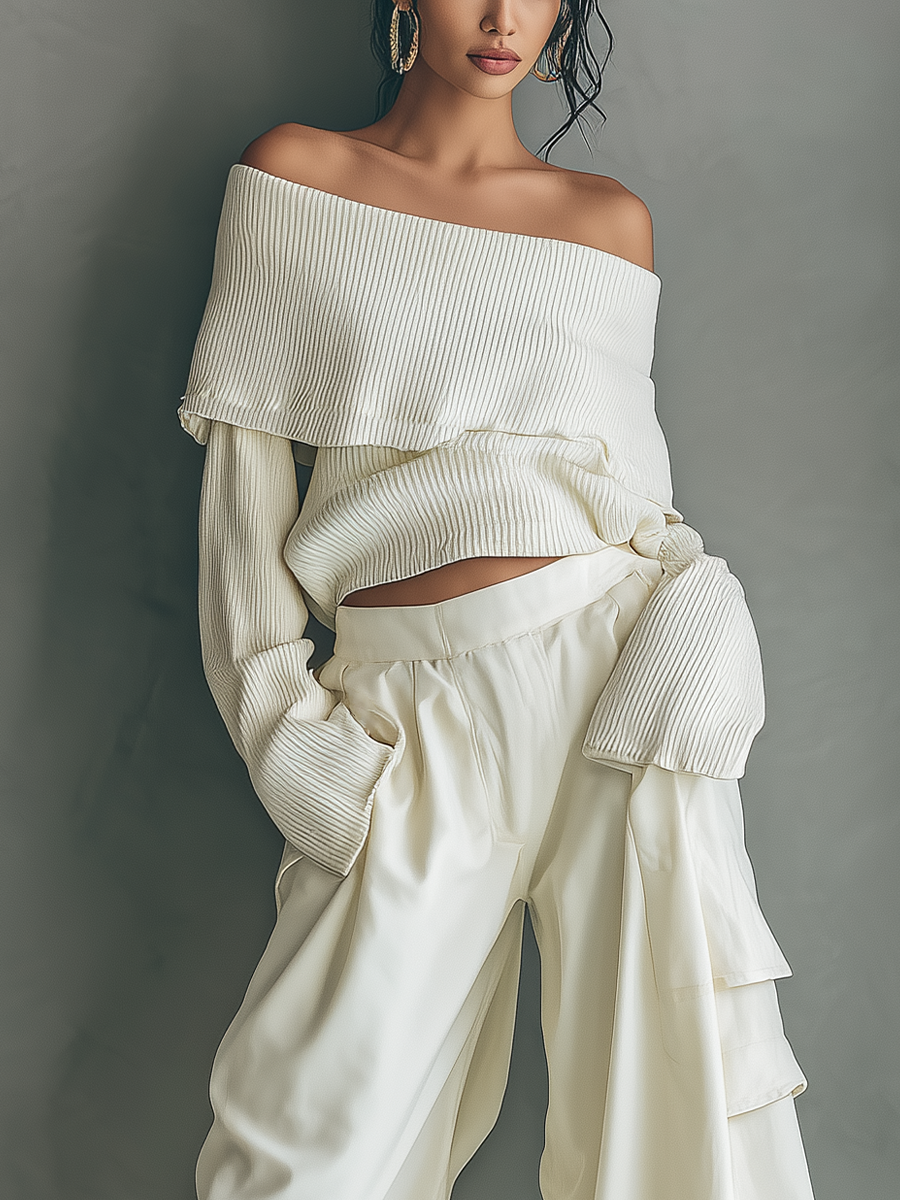 Women's Off-white Knit Top And Wide-leg Pants Set MDA0589K0T