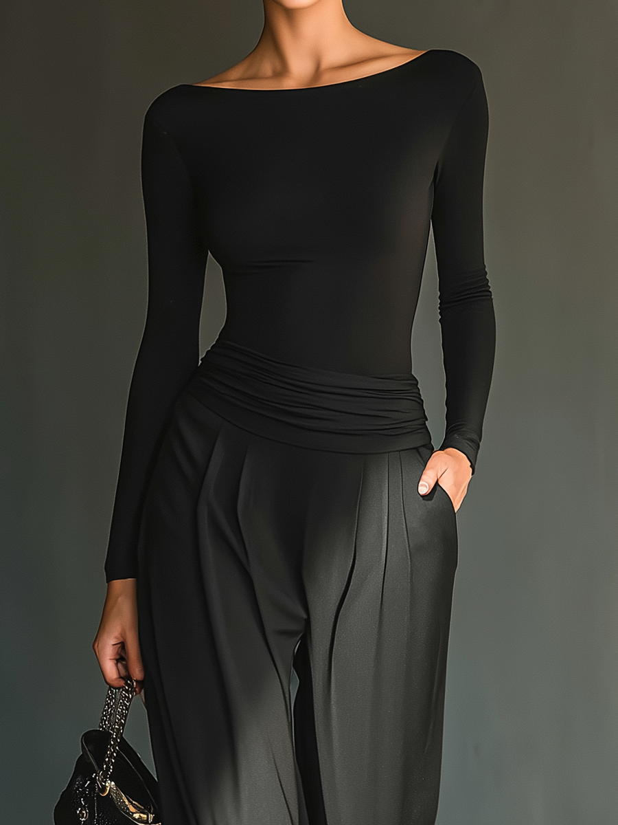 Women's Versatile Black Knit And Trousers Set MDA1458H9T