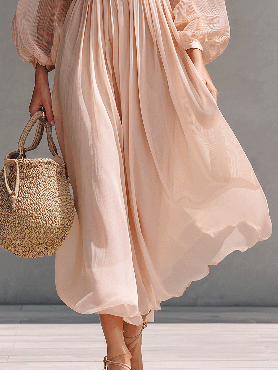 Women's Elegant Chiffon Puff Sleeve Pleated Maxi Dress MDA3168G1I
