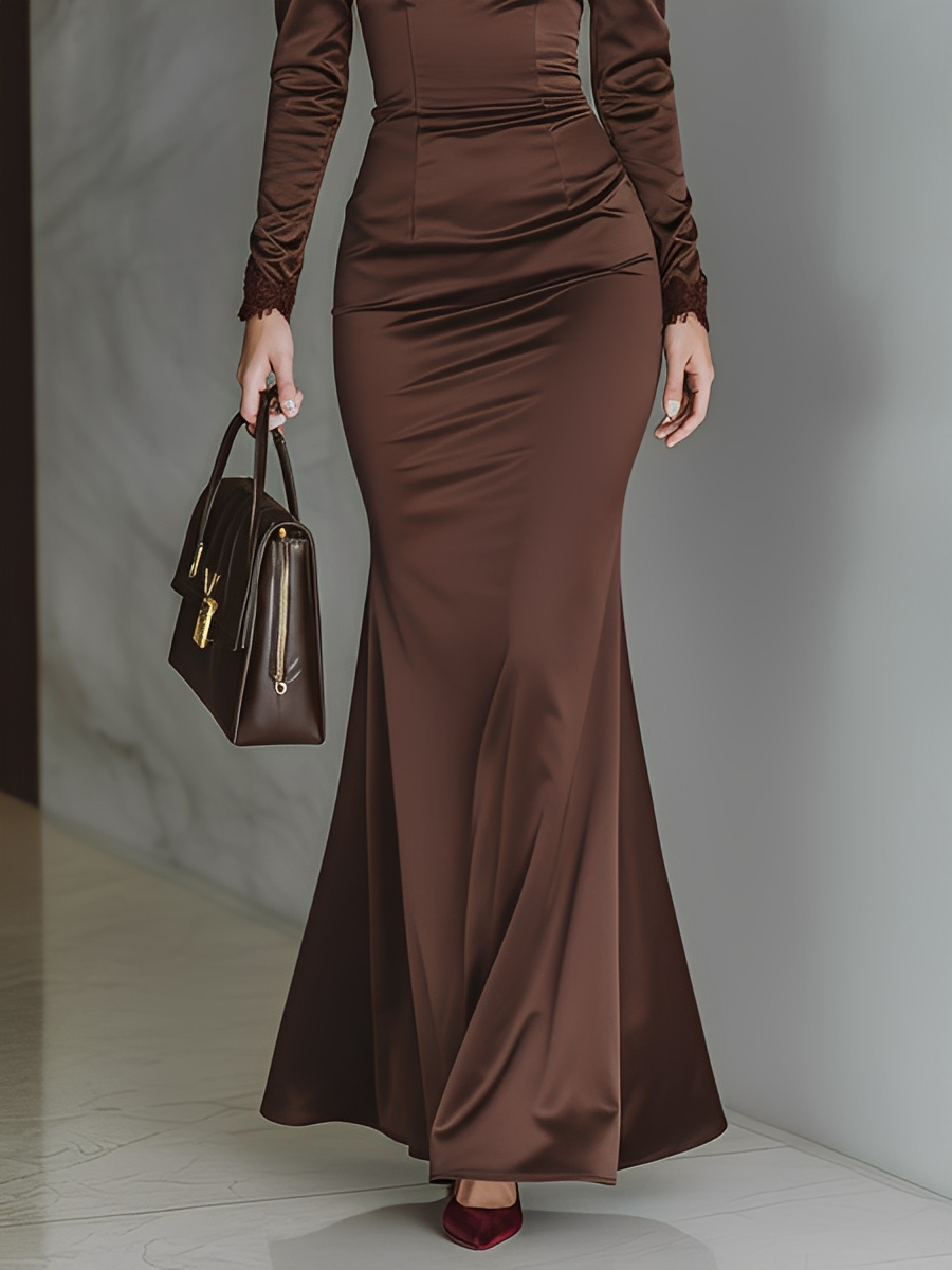 Women's Dark Brown Satin Square Neck Lace-trimmed Fishtail Long Dress MDA2971K4T