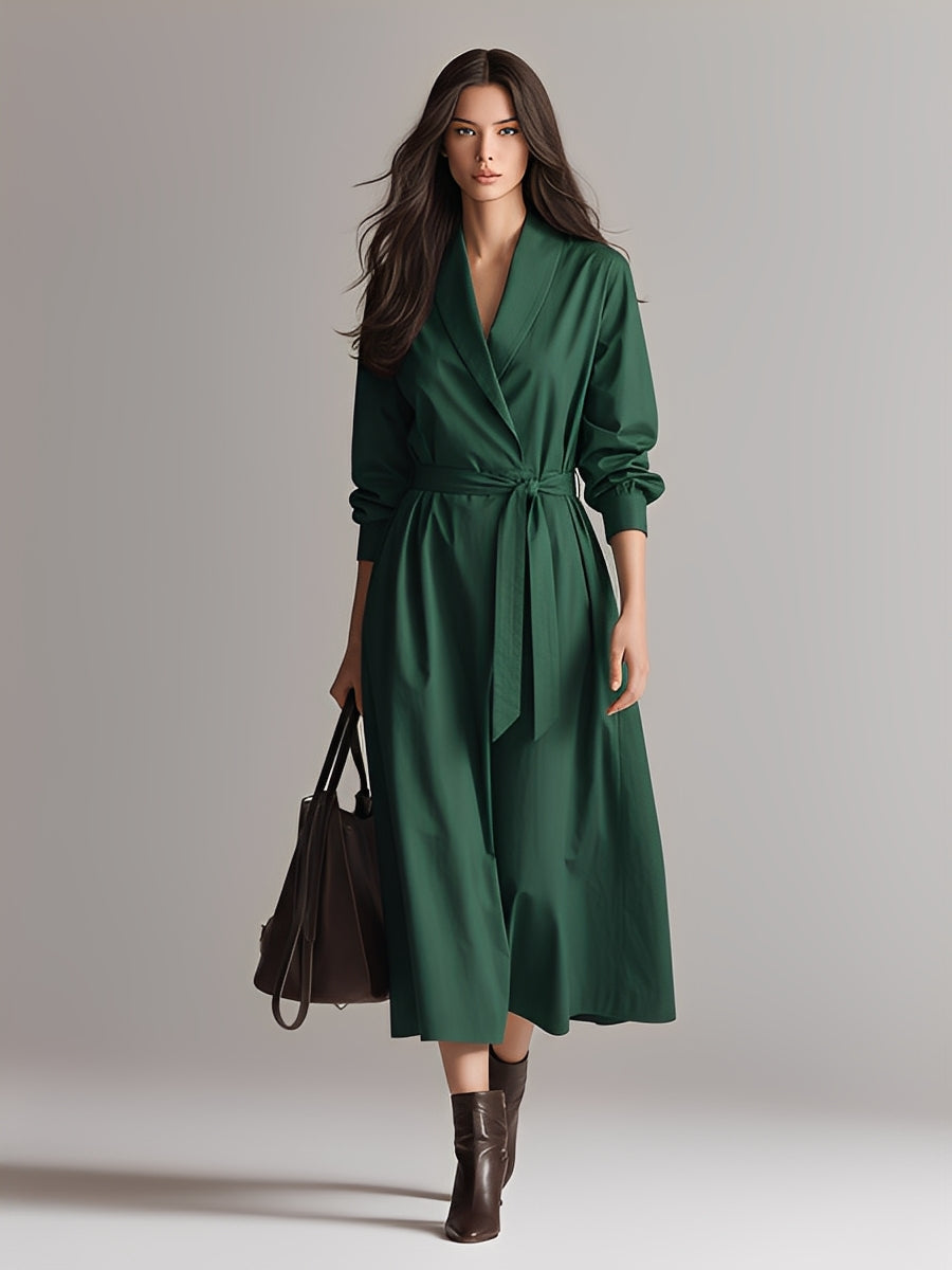 Women's Rich Green Cotton Dress With Wrap Collar & Self-Tie Belt, Timeless Polished-Elegant Style Dress MDA1872L5I