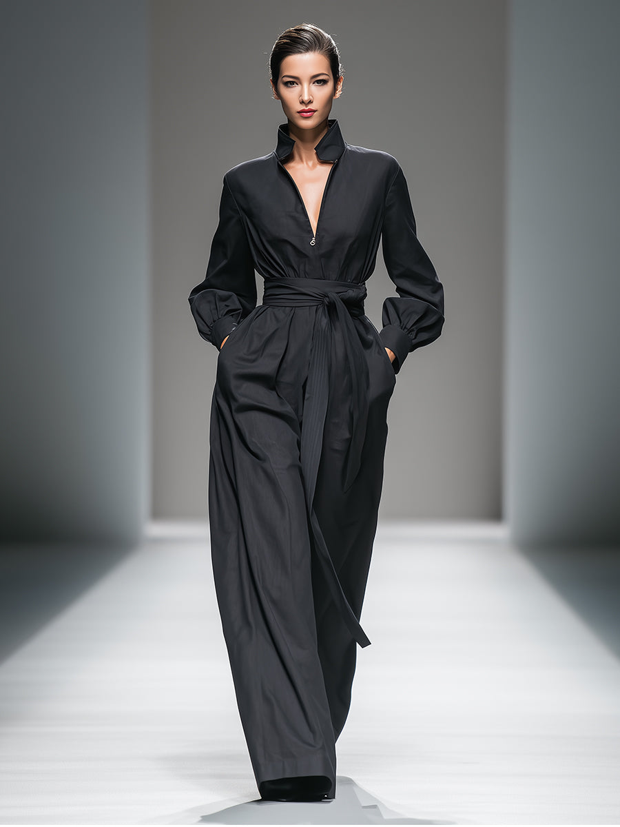 Women's Black Elegant Cotton Blend Zipper Neck Belted Jumpsuit MDA0562H1I