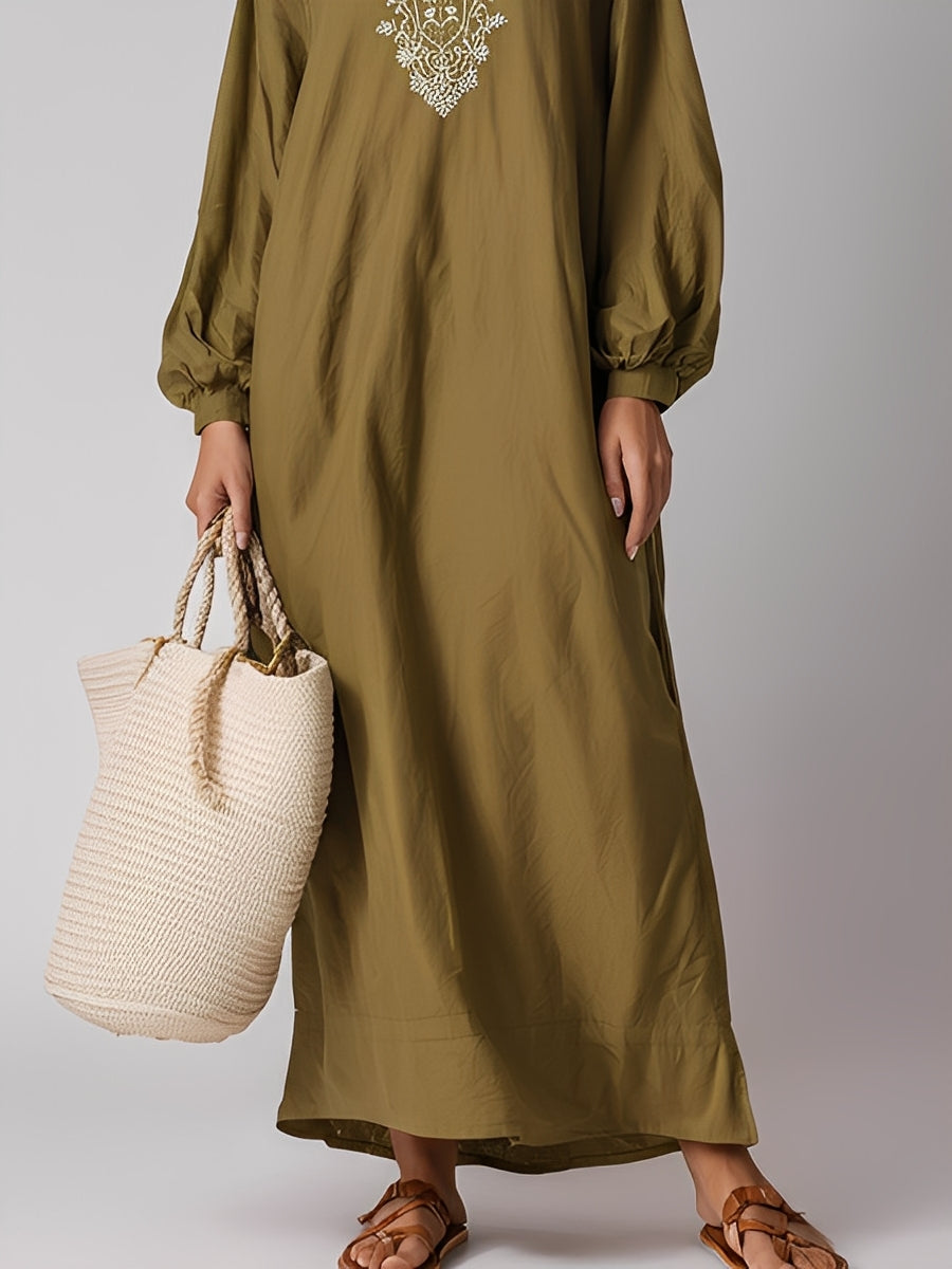 Women's Olive Green Cotton Bohemian Embroidered Collared Maxi Dress MDA0573K5I