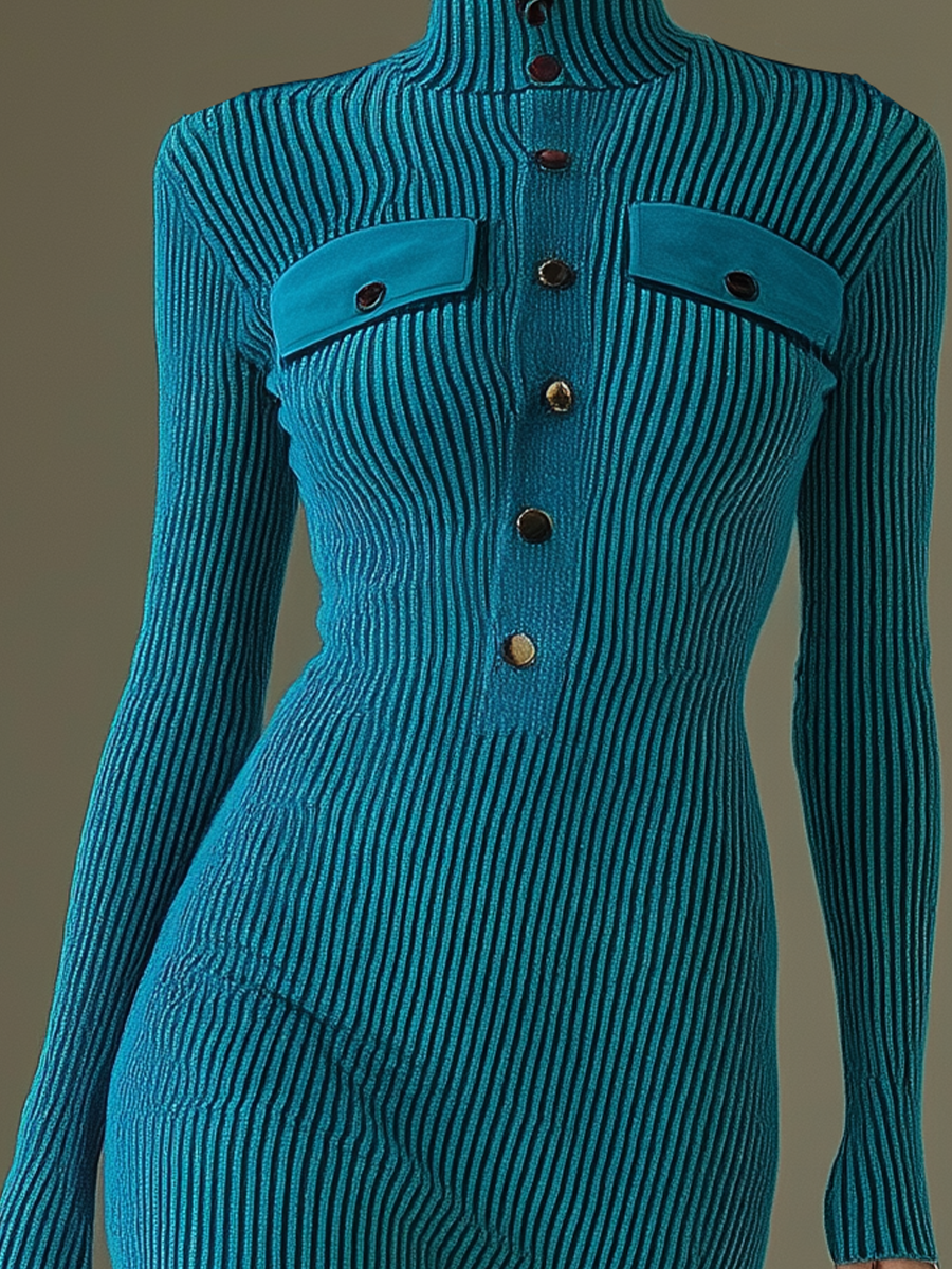 Women's Lake Blue Turtleneck Button-Down Knit Mini Dress MDA1789I2T