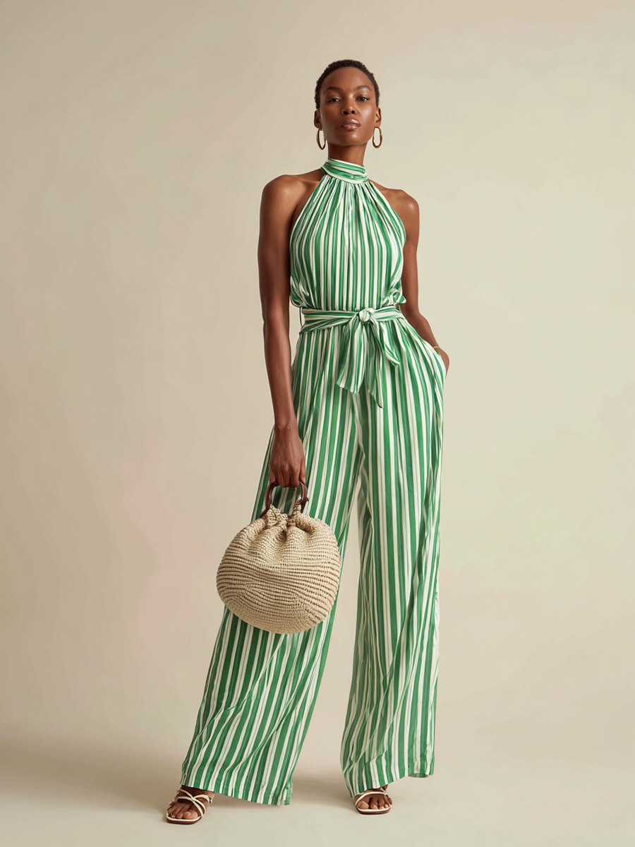 Women's Vacation-style Green And White Striped Halter Neck Wide-leg Jumpsuit MDZ1278B3BA