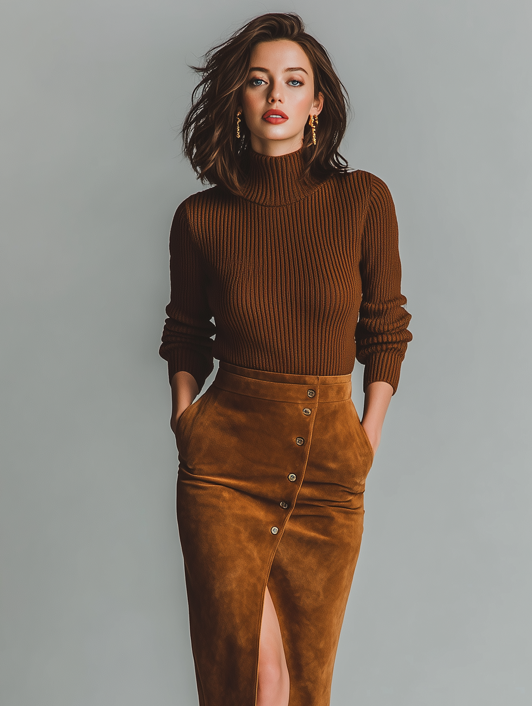 Women's Mock Neck Sweater And Faux Suede Slit Skirt Set MDA3032K5Y