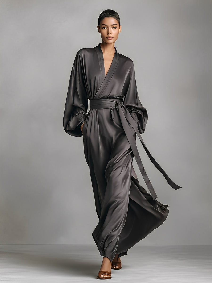Women's Charcoal Gray Satin Wrap V-neck Maxi Dress MDA2560K0I
