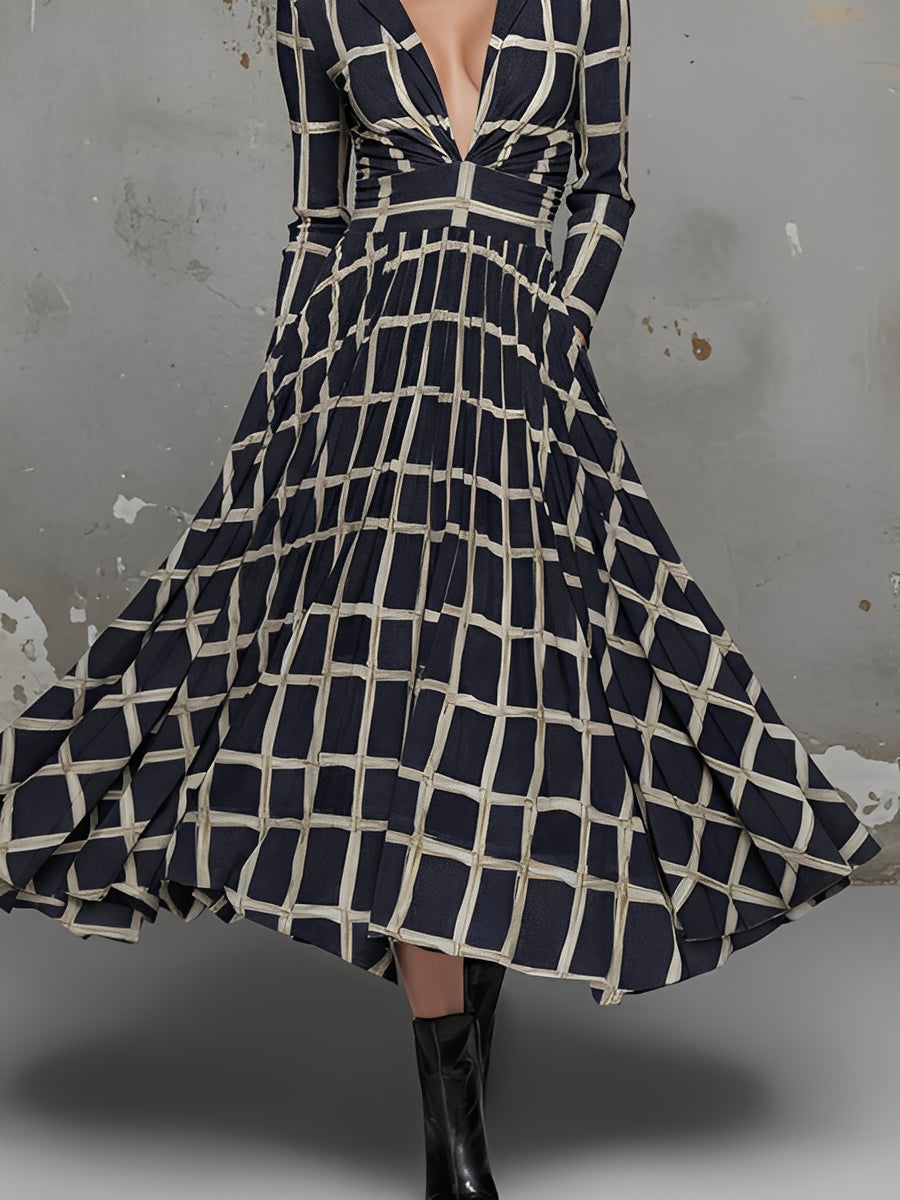 Women's Black & Beige Textured Chiffon Dress With Blazer Collar & Flowing Silhouette, Modern Chic Style Dress MDA1234L8I