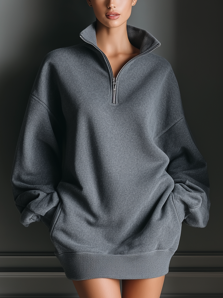 Women's Gray Knit Fabric Oversized Half-Zip Mini Dress MDA2358L2T