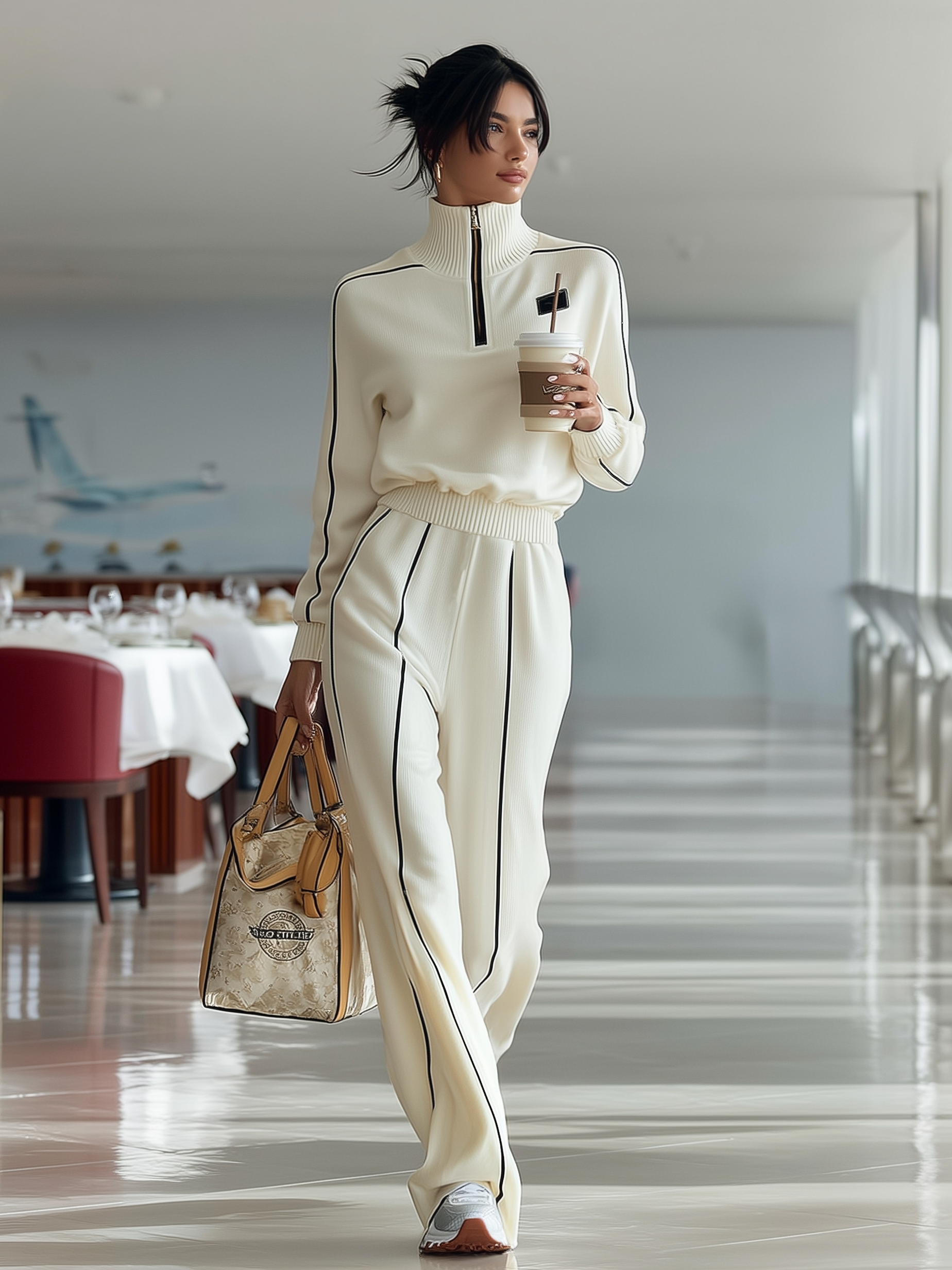 Women's Casual Ribbed Black Trim Zipper Half Turtleneck Sports Set MDA2436I5Y