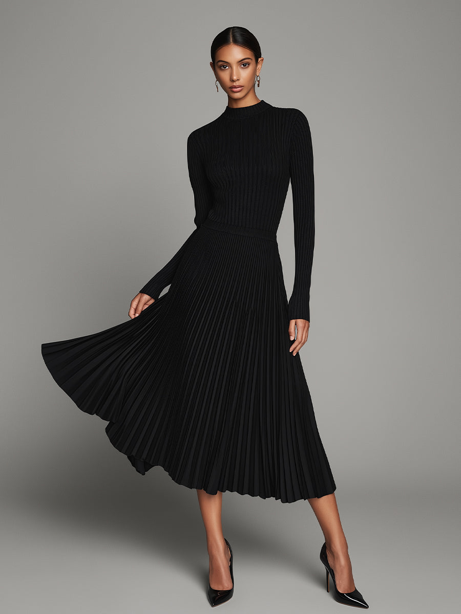 Women's Black Ribbed Knit Midi Dress Timeless Elegant Style MDA1630L4I