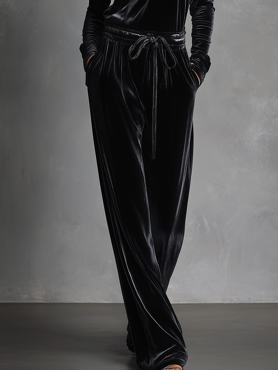 Women's Black Velvet Glamorous Collared Tie-Waist Jumpsuit MDA0171K4I