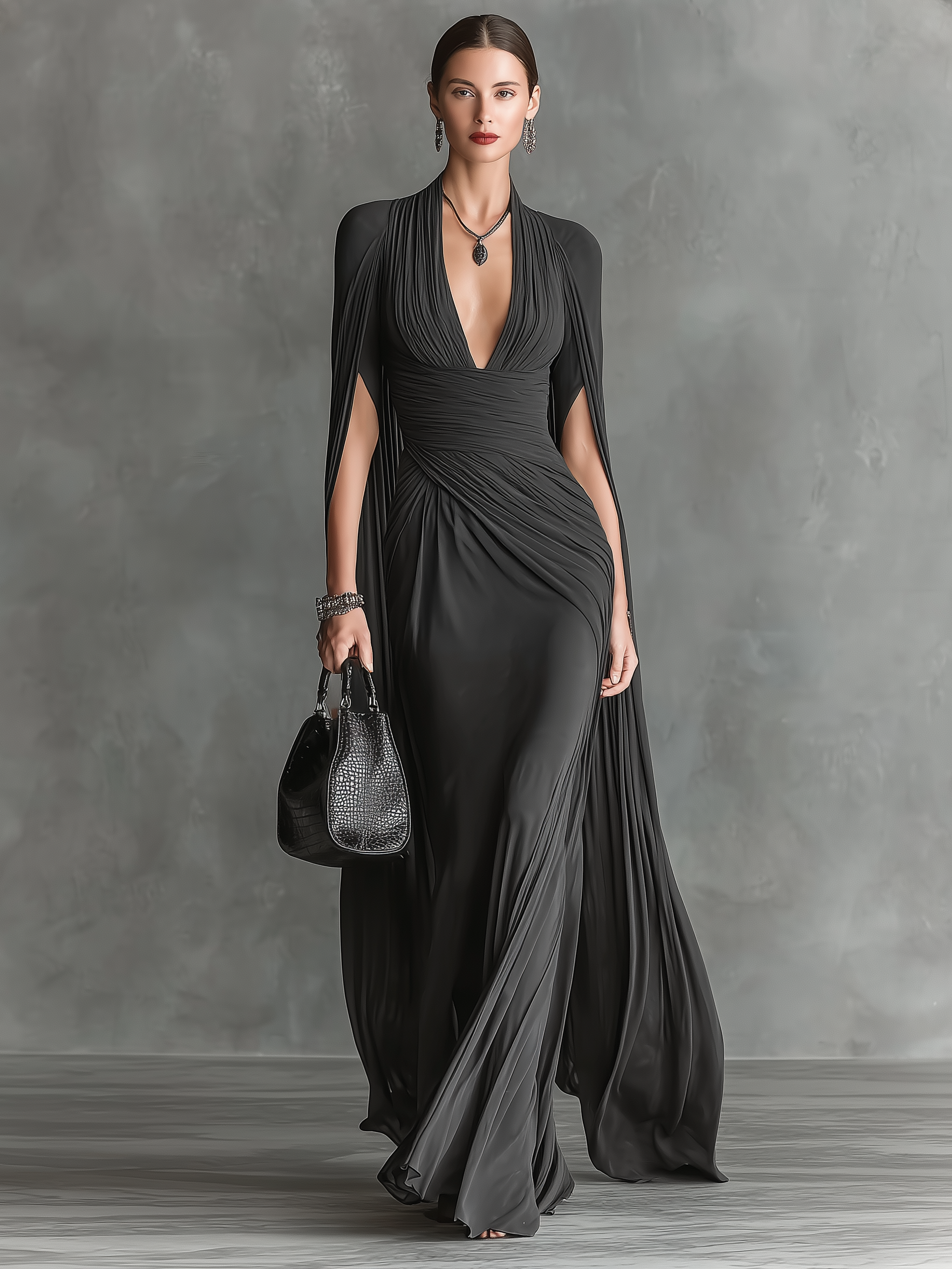 Women's Fitted Stretch Fabric Pleated Shawl Sleeve Maxi Dress MDA1340K3Y