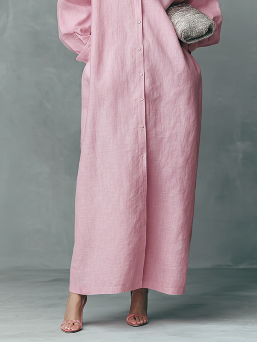 Women's Pink Cotton Linen Loose Fit Long Sleeve Shirt Maxi Dress MDZ0364C6BA