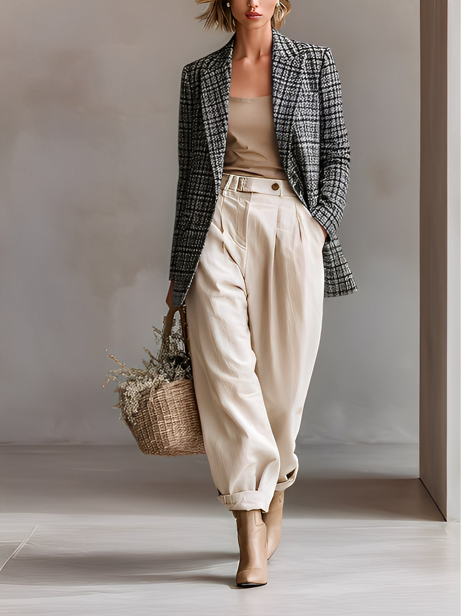 Women's Black And White Plaid Casual Suit Jacket MDA1632I3T