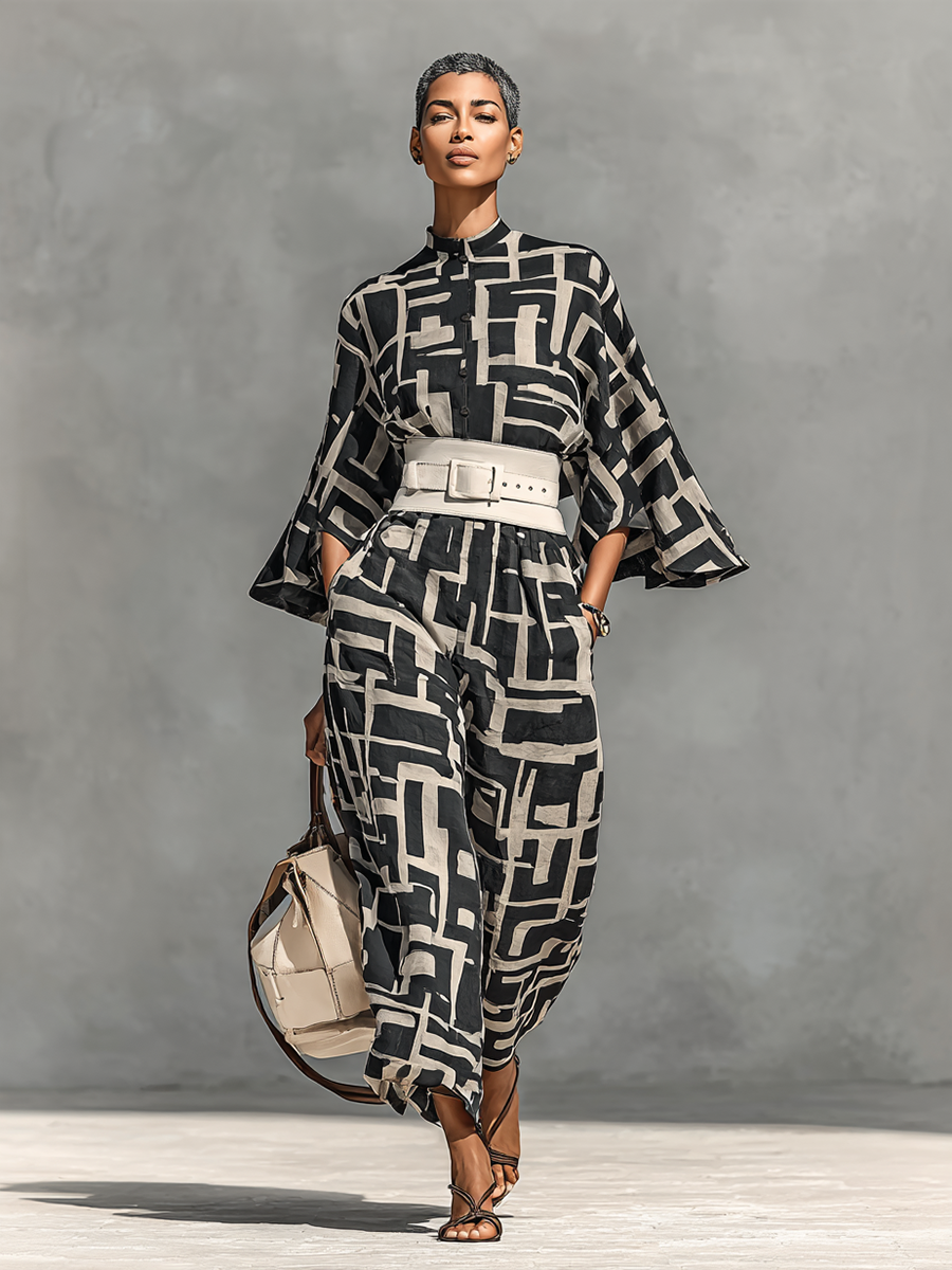 Women's Geometric Print Stand Collar Single Breasted Bell Sleeve Jumpsuit (Belt Included)MDA2248G4Y