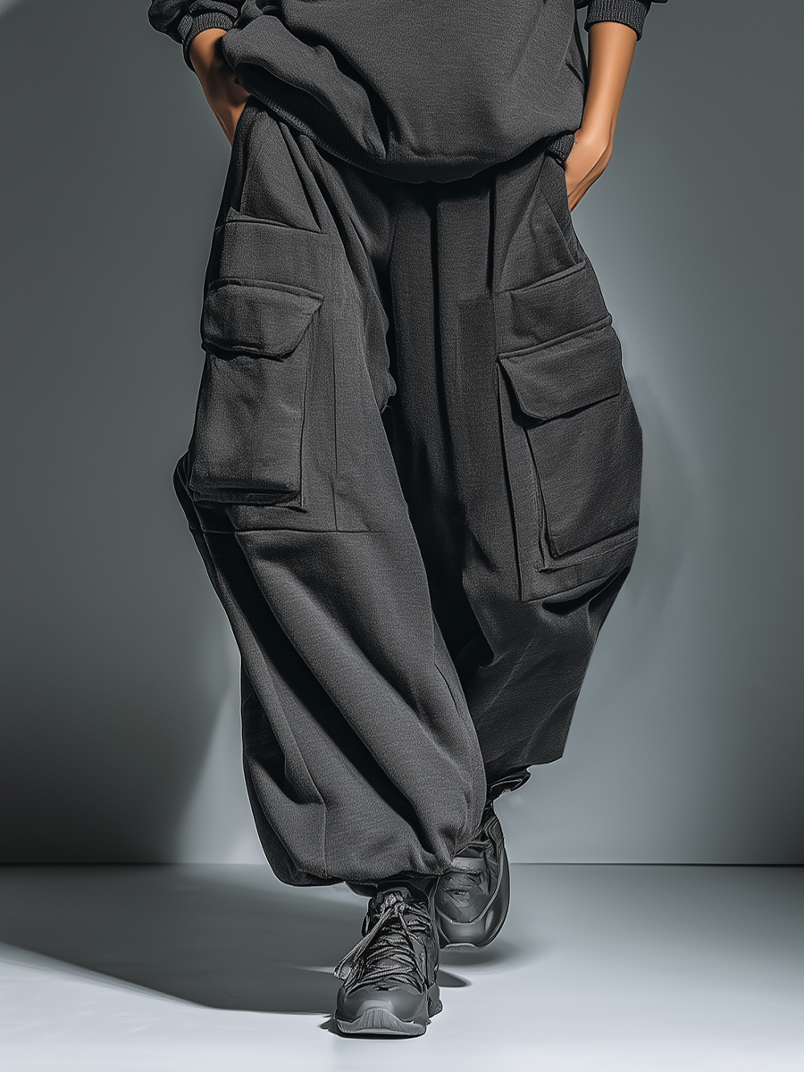 Women's Black Knit Fabric Oversized Pocketed Sweatshirt & Cargo Pants Set MDA2445L8T