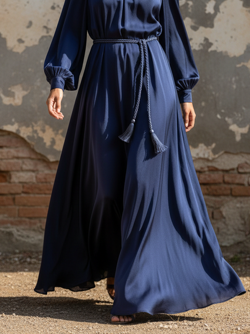 Women's Satin Round Neck Long Sleeve Belt Maxi Dress MDA0816K5Y