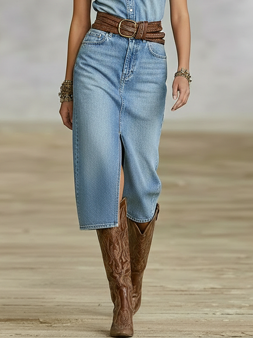 Women's Minimalist Washed Denim Straight-cut Sleeveless Midi Dress (belt Not Included) MDZ2620B8Y