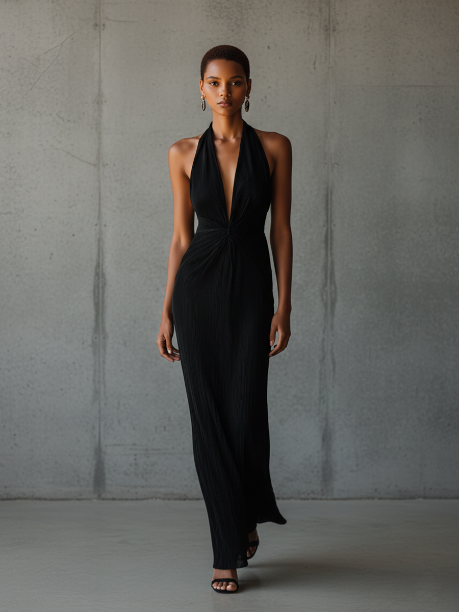 Women's Sexy Black Pleated Halter Neck Plunge Maxi Dress MDZ2792B1BA