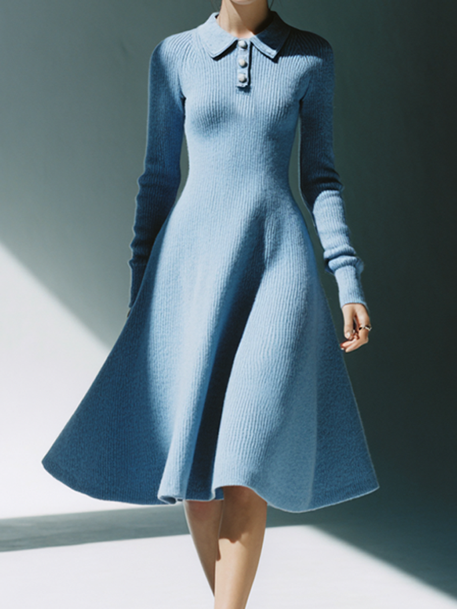 Women's Light Blue Ribbed Knit Peter Pan Collar Midi Dress MDA1039L9AP