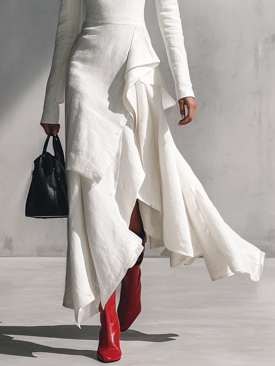 Women's Elegant Cotton-Linen Blend White Off-Shoulder Asymmetric Ruffle Maxi Dress MDA1563L5AU