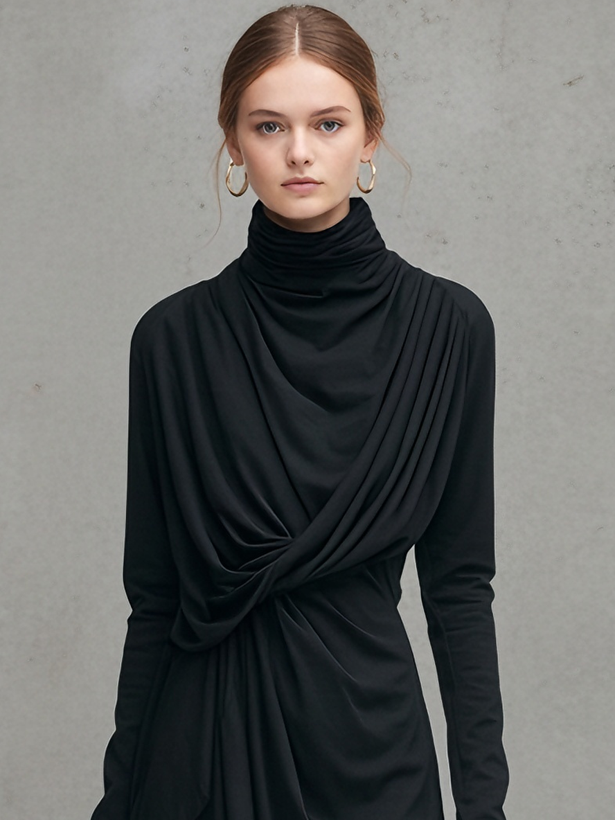 Women's Edgy Stretch Woven Black Cowl-Neck Twist-Drape Midi Dress MDA1546L5AU