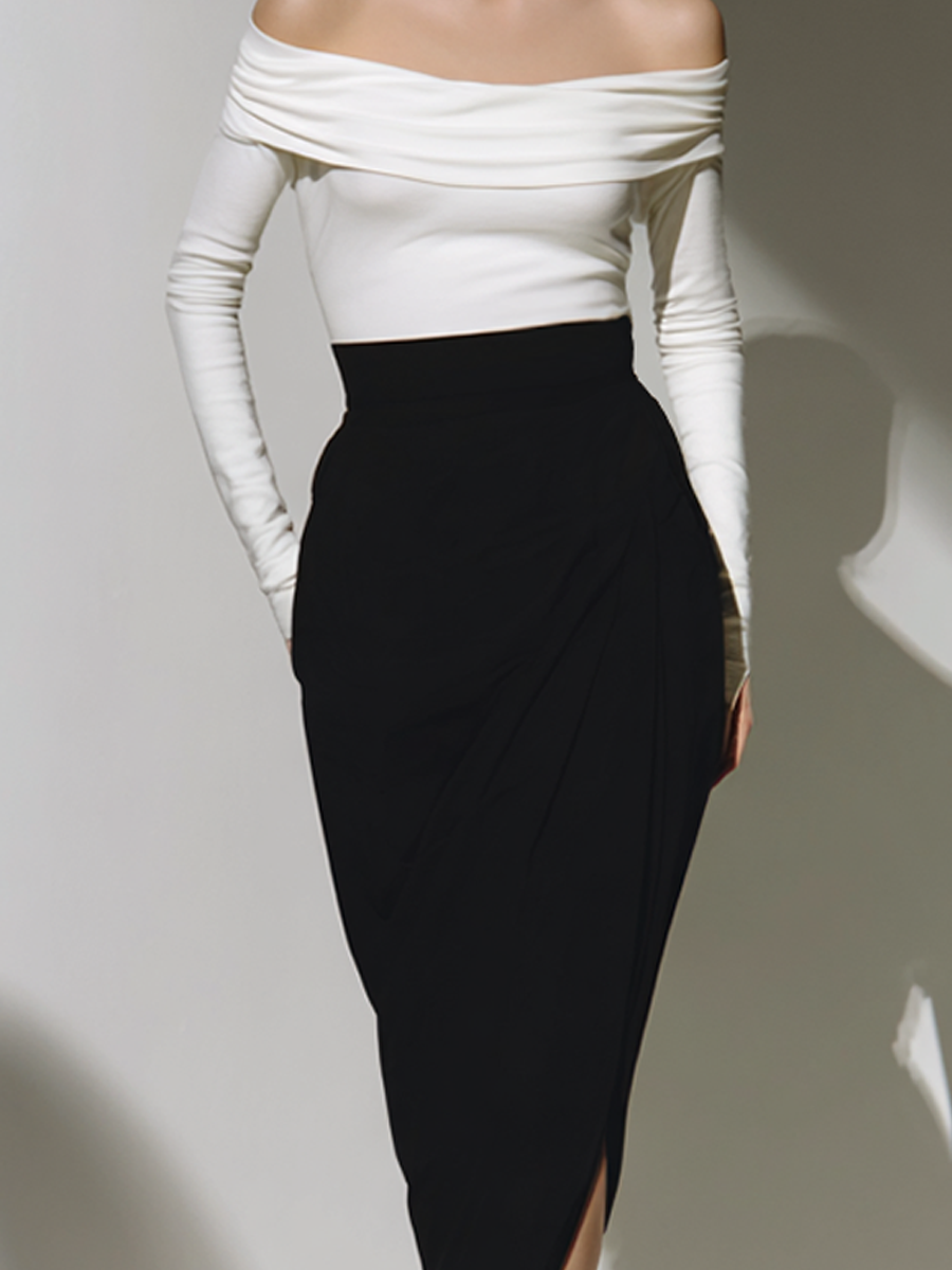 Women's White Off-Shoulder Long-Sleeve Top And Black Midi Skirt Set MDA2879K9AP