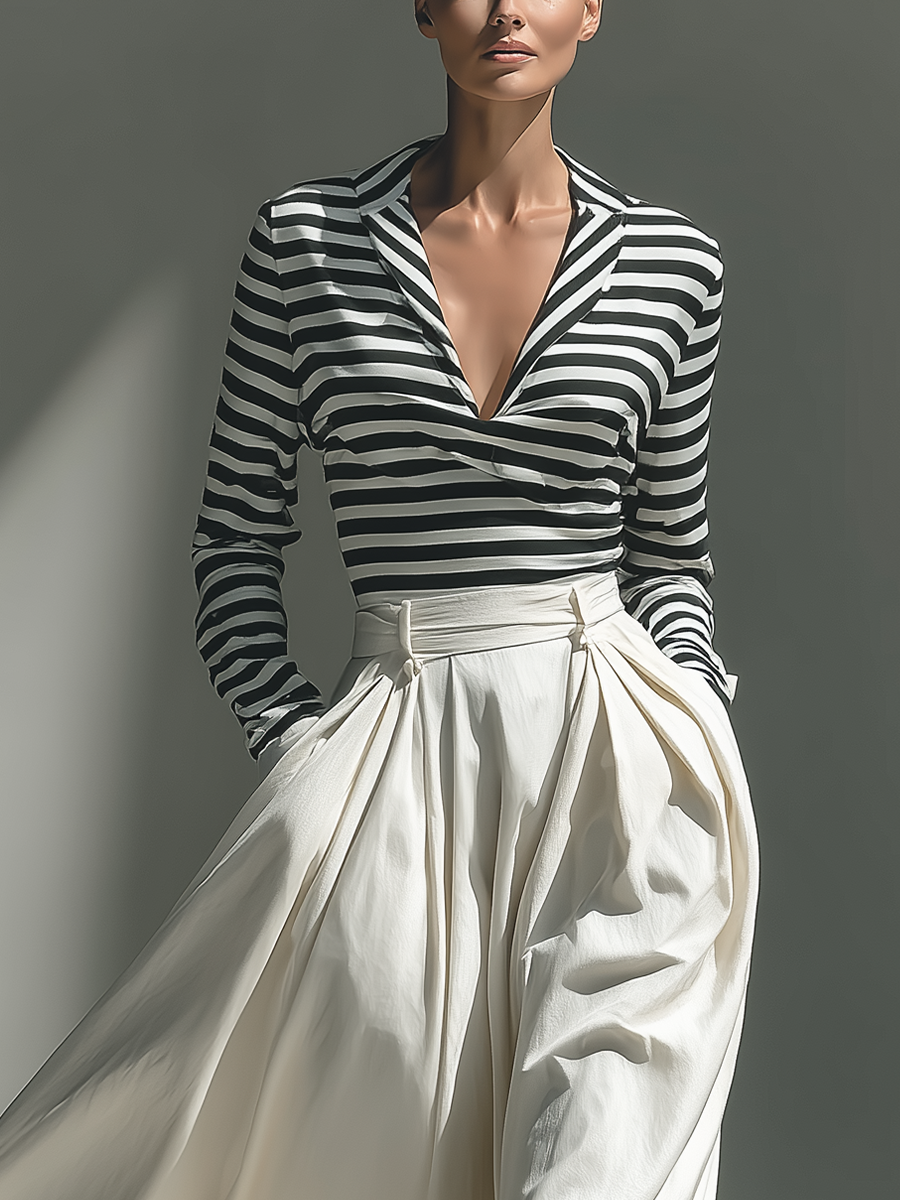 Women's Black-and-White Striped Knit Fabric Top & Ivory Pleated Maxi Skirt Set MDA1793L2T
