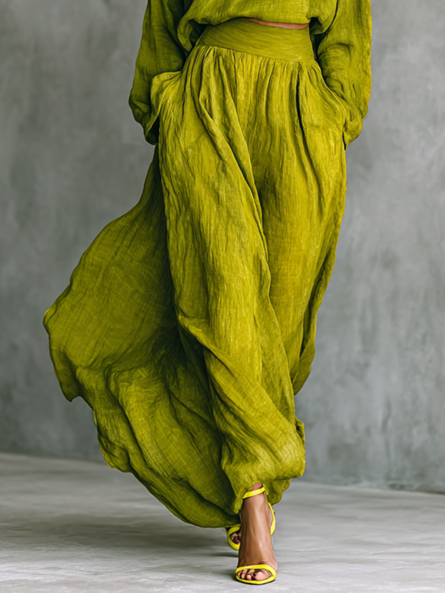 Women's Green Turtleneck Cotton And Linen Blend Suit MDA2938G4T